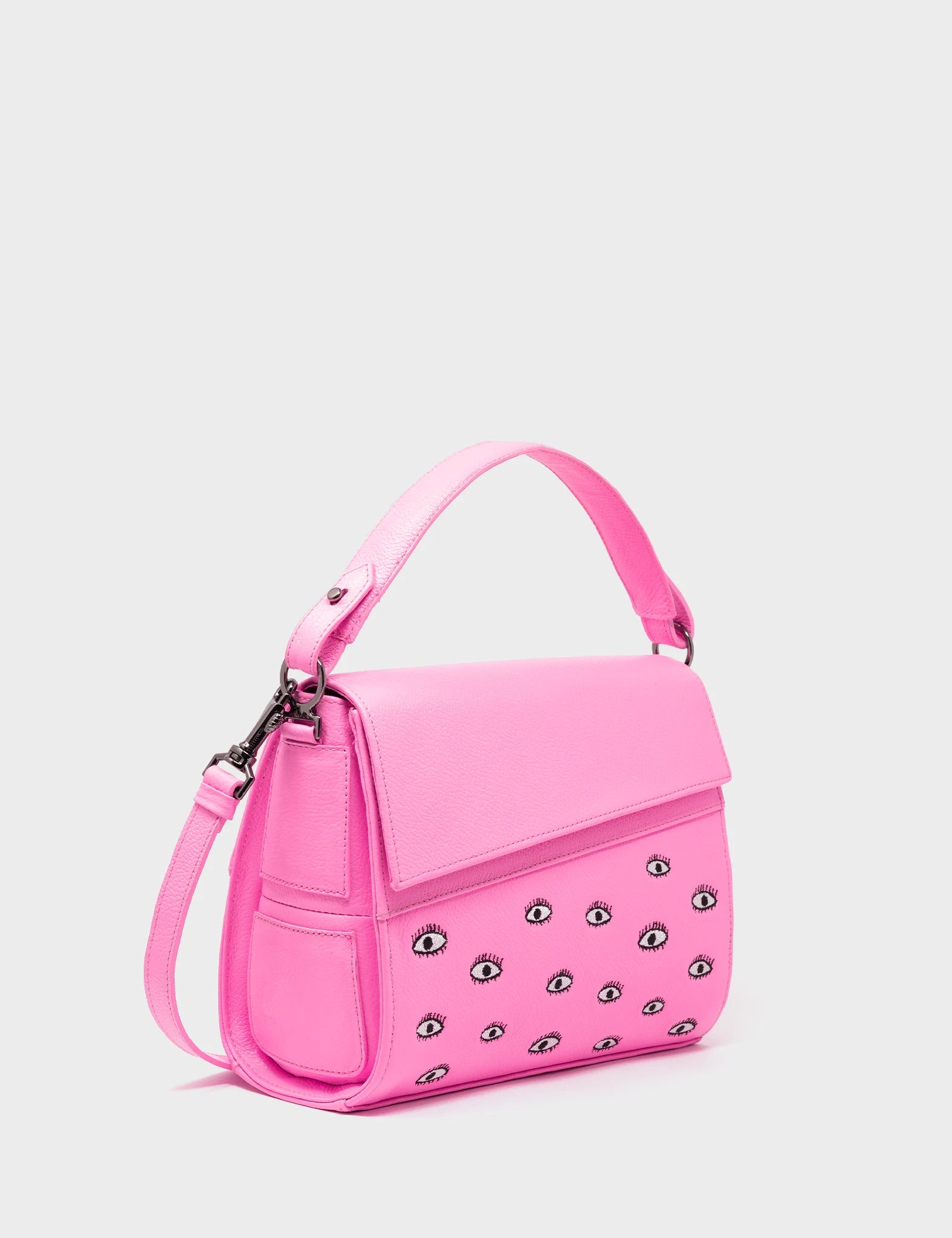 Anastasio Mini Crossbody Handbag Bubblegum Pink Leather - All Over Eyes Embroidery - Front corner angle view