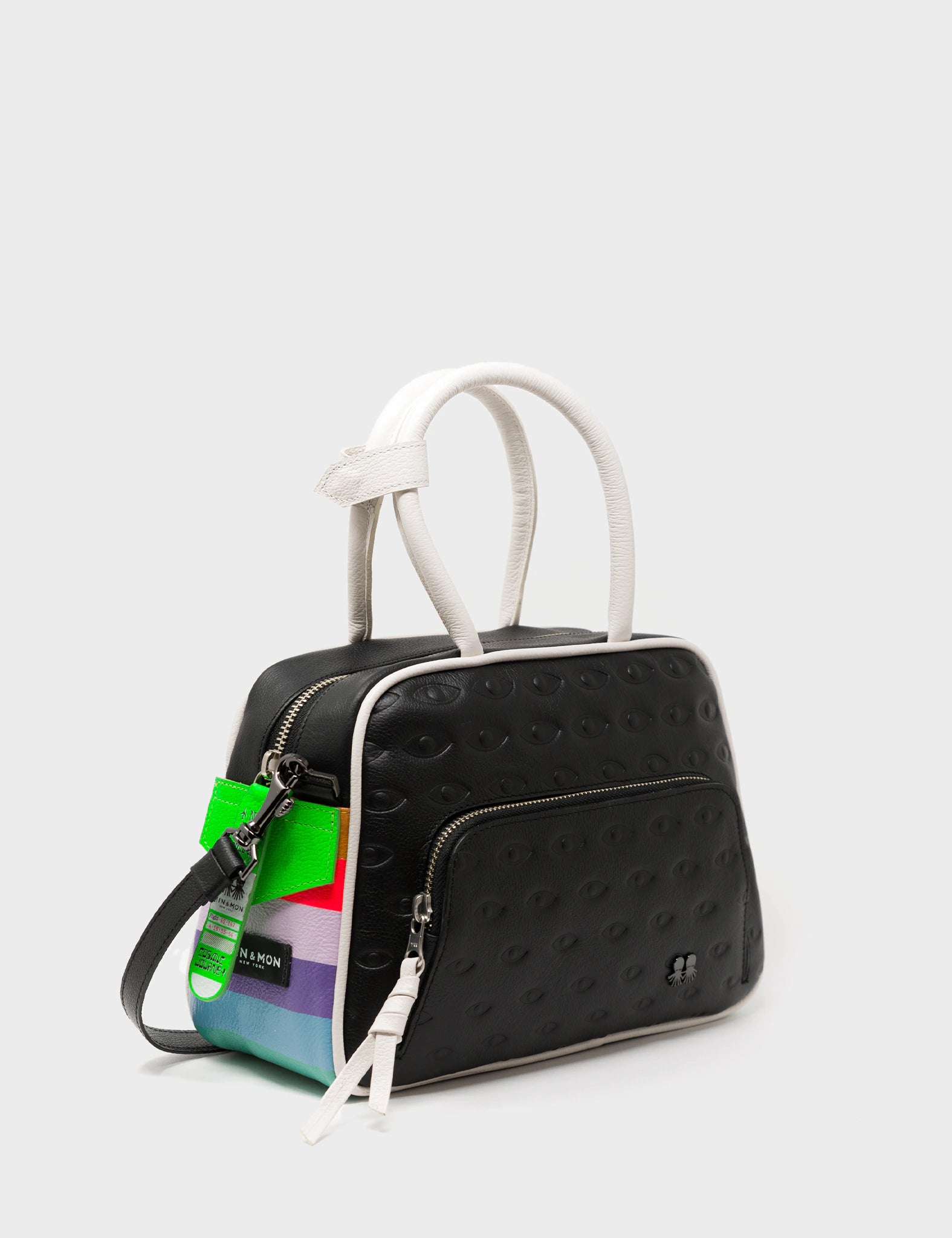 Marino Medium Crossbody Black Leather Bag - Eyes Pattern Debossed