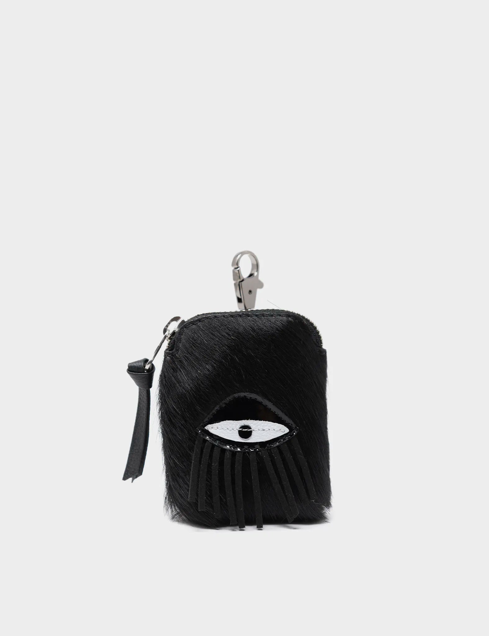 Small black fur leather charm pouch - Eye Applique - Front view