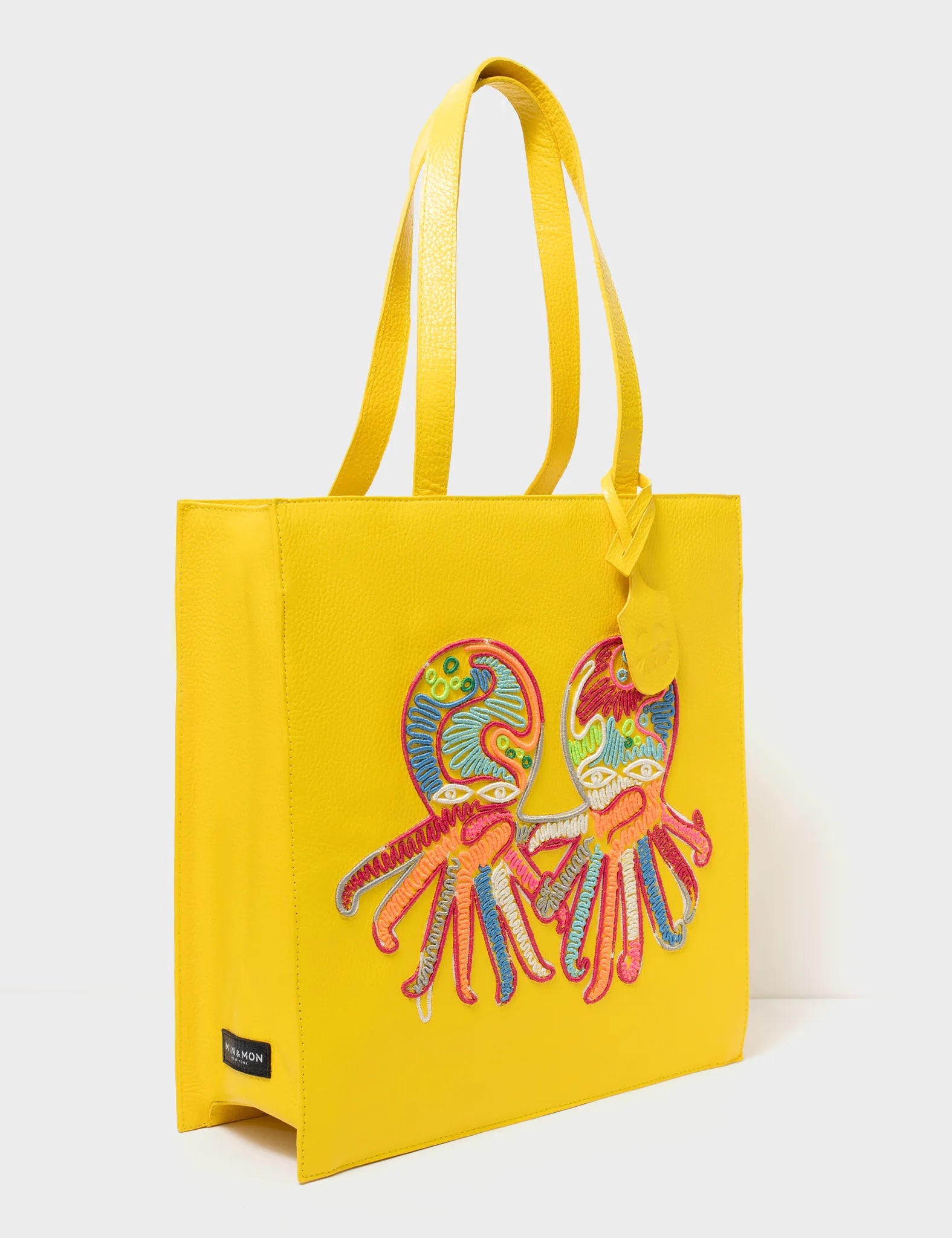 Yellow Leather Tote Bag Multicolored Octopus Design
