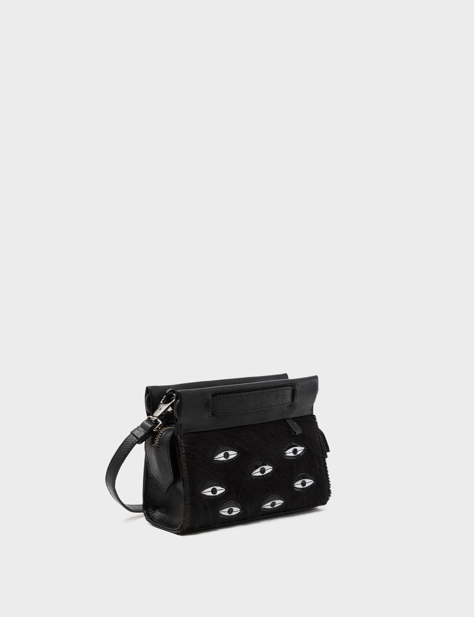 Micro Crossbody Handbag - Black Leather All Over Eyes Applique