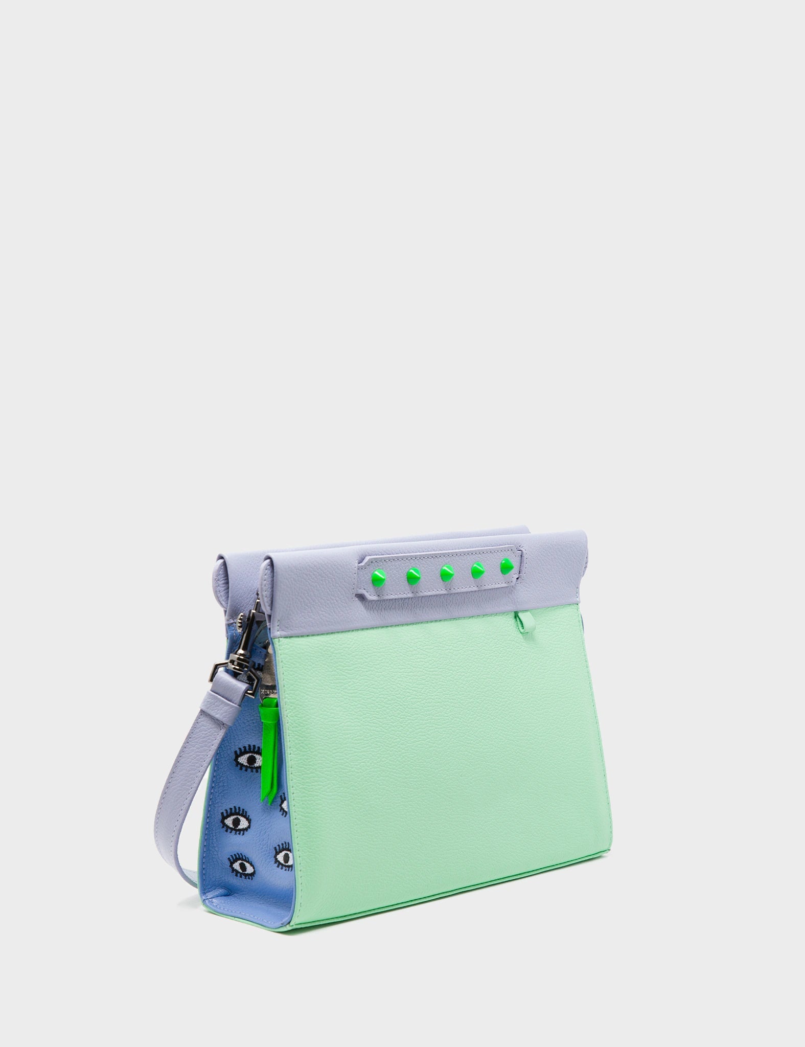 Crossbody Ash green Leather Bag - Eyes Embroidery