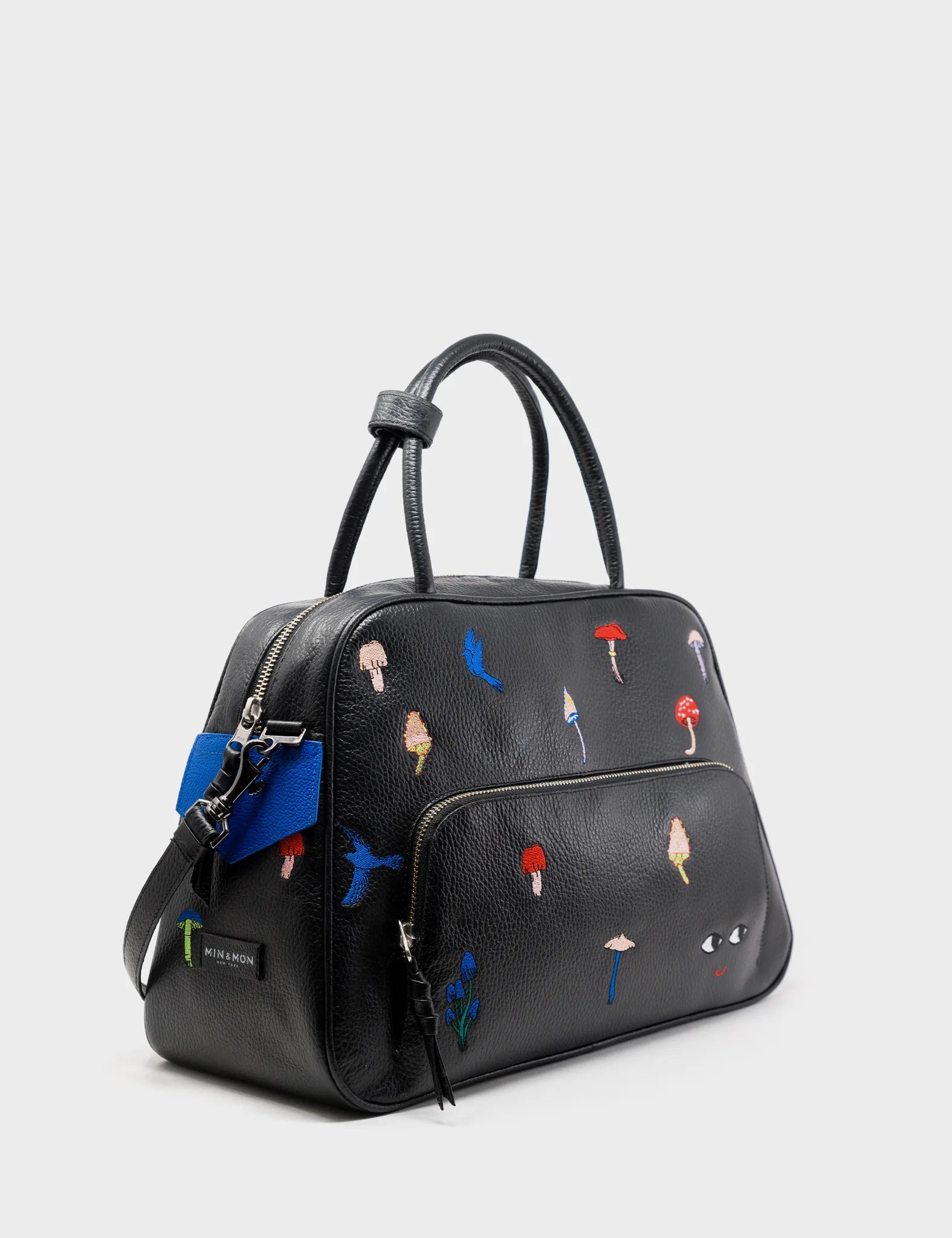 Marino Large Crossbody Black Leather Bag - Woodlands Embroidery – Min & Mon