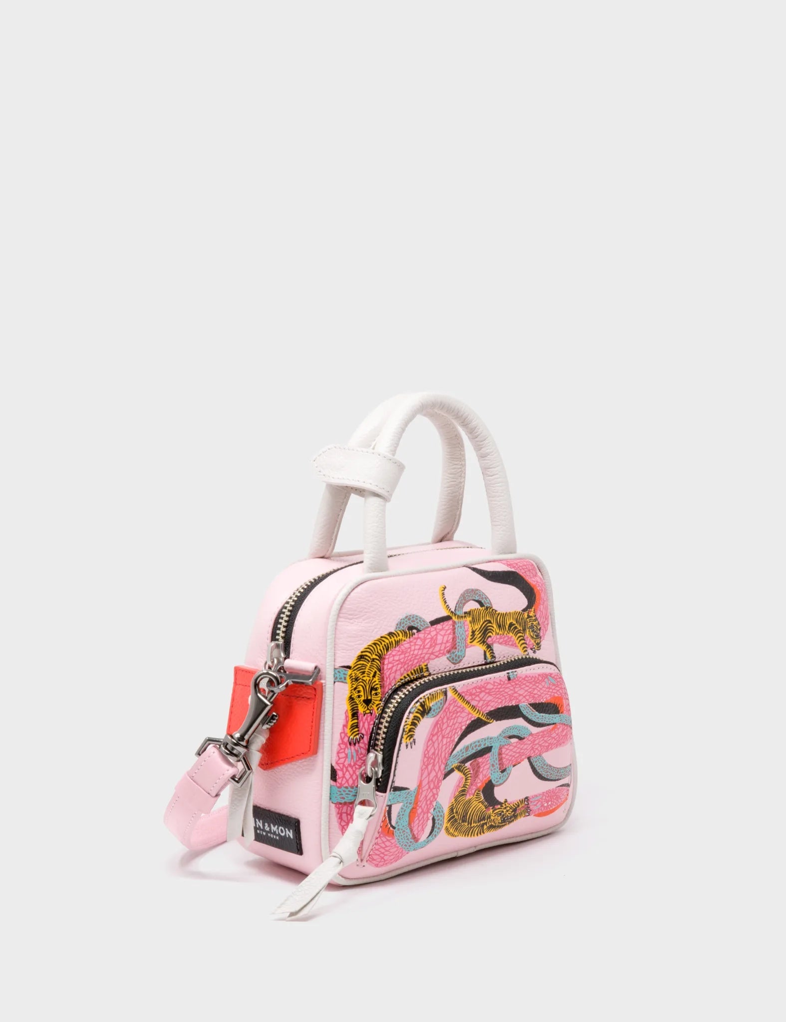 Small Crossbody Parfait Pink Leather Bag - Tangled Tiger & Snake Print Design
