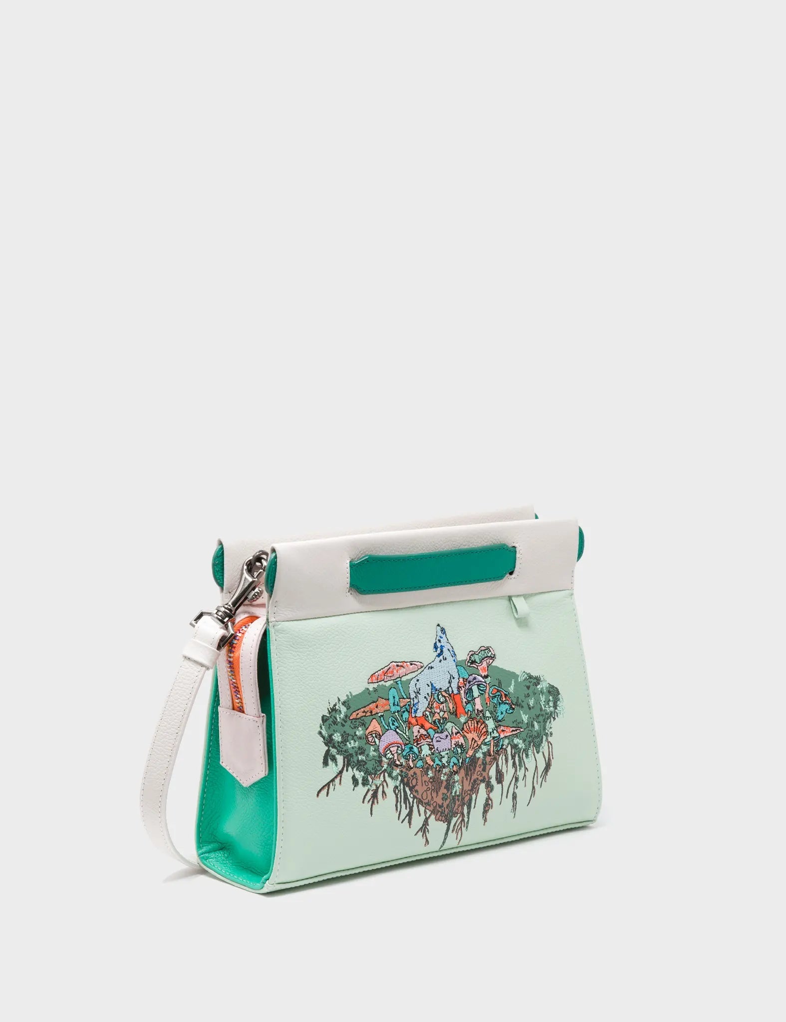 Crossbody Spray Green Leather Bag - Wolf and Fungi Embroidery
