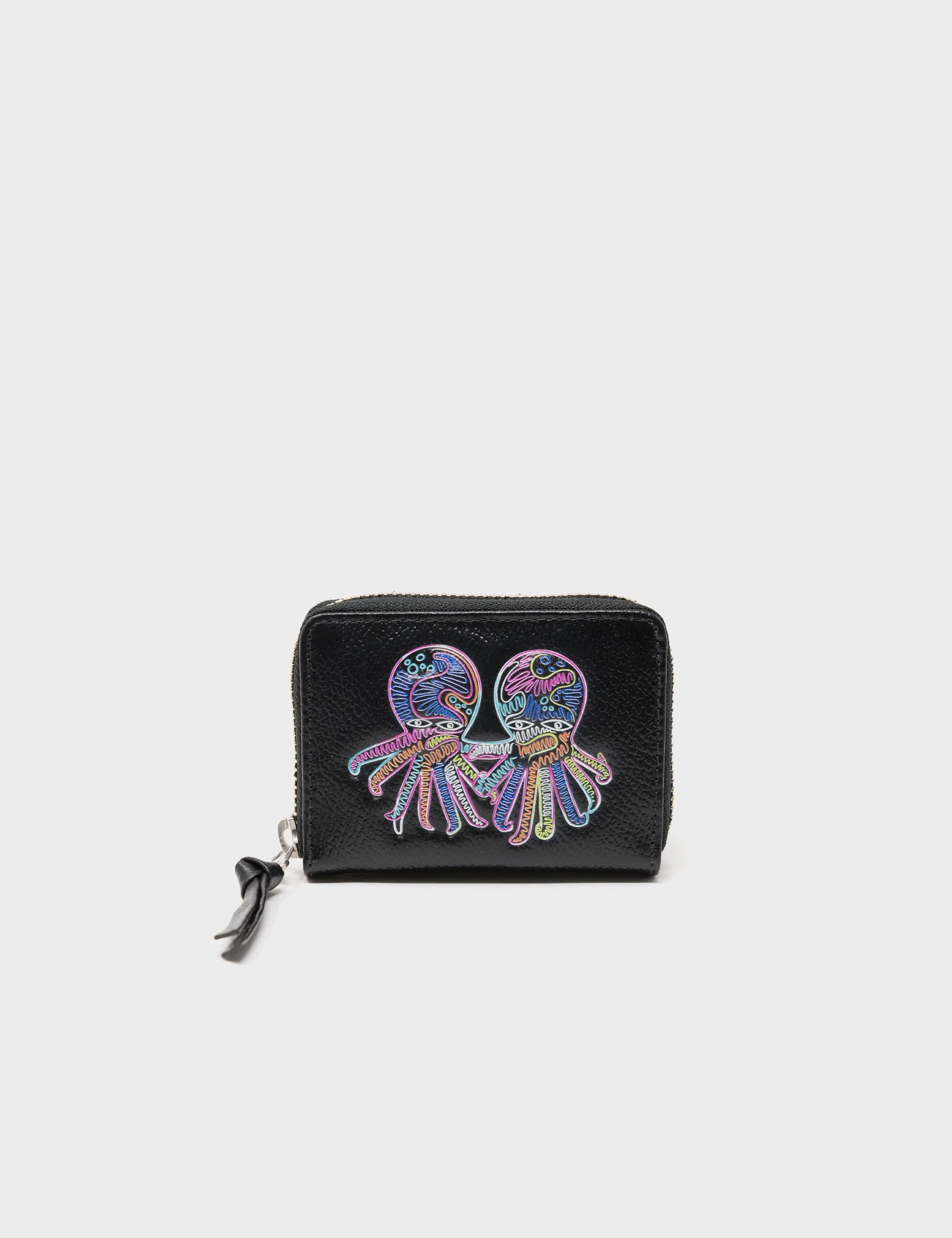 Zip around accordion wallet in black leather colorful octopus design