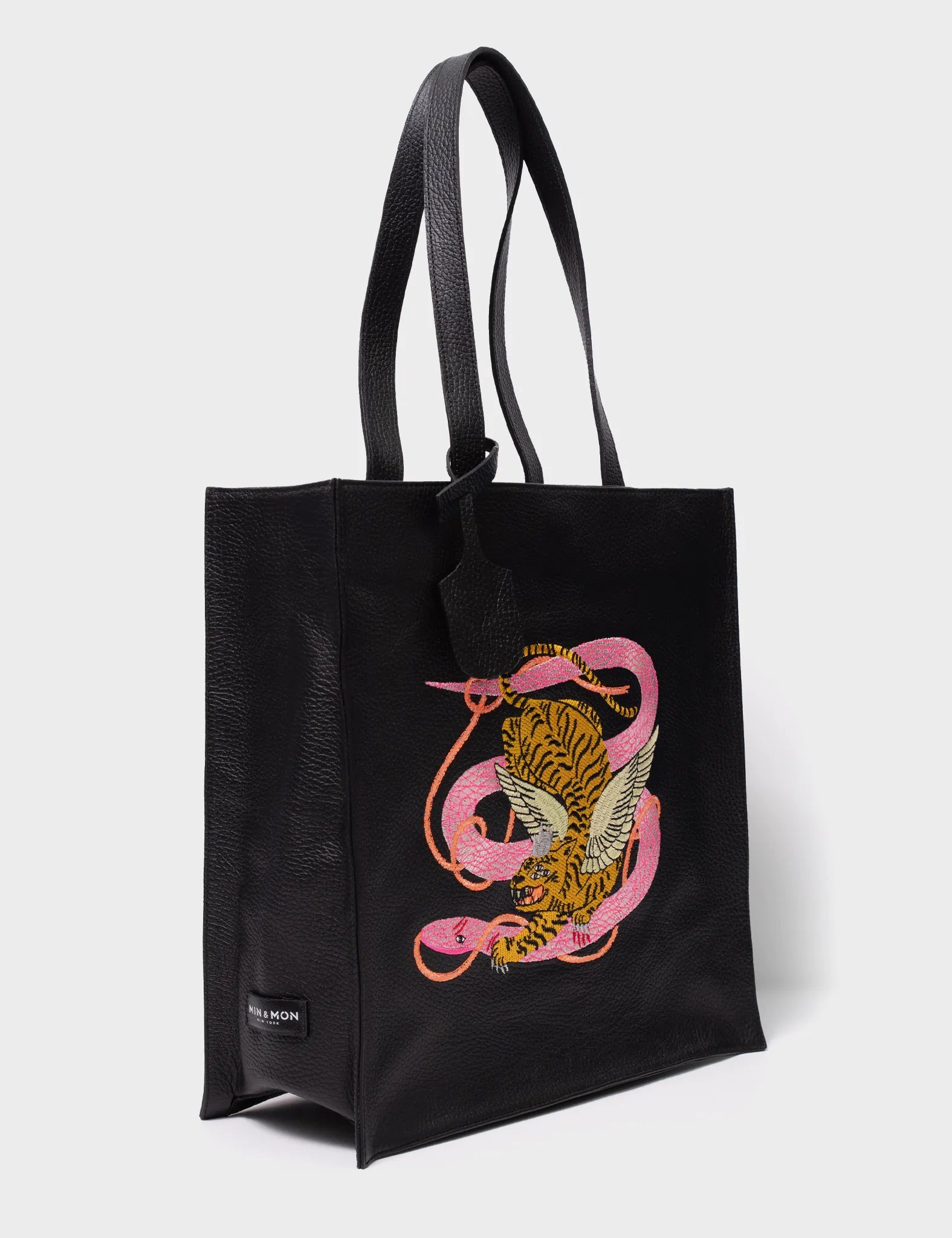 Black Leather Tote Bag - Tangled Tiger & Snake Print Original Design