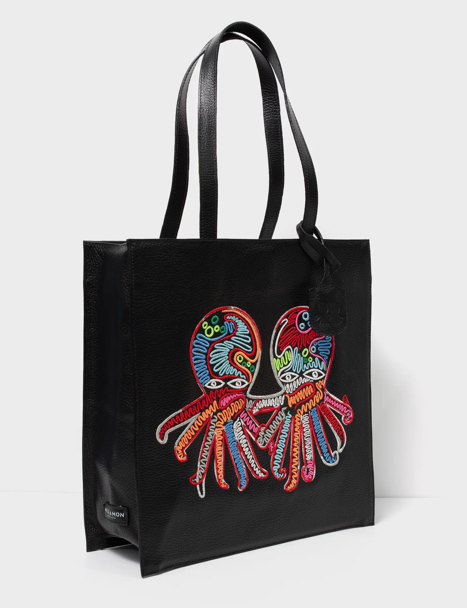 Black Leather Tote Bag - Multicolored Octopus Cord Embroidery
