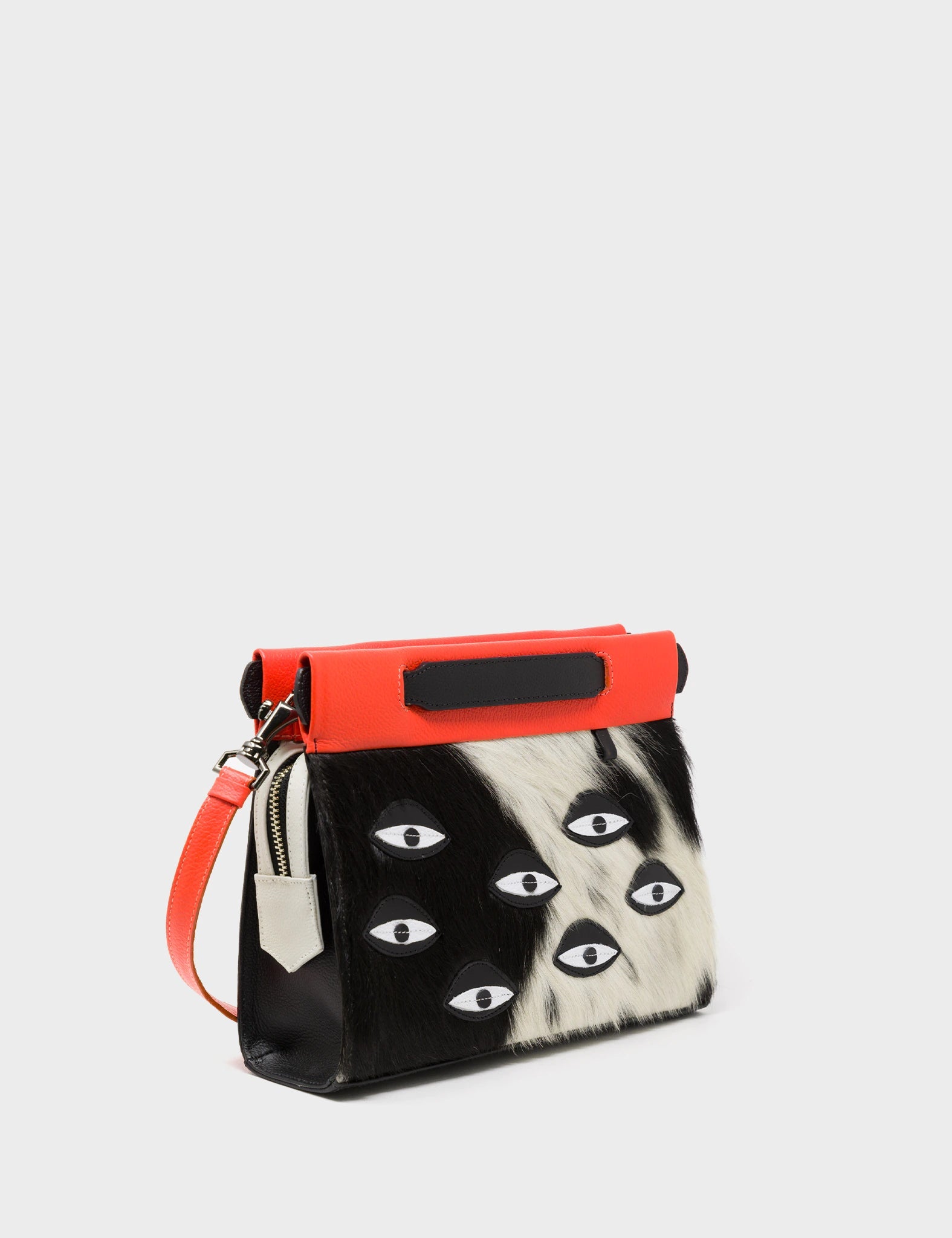 Crossbody Small Black Spotted Fur And Red Leather Bag - Eyes Applique Adjustable Handle