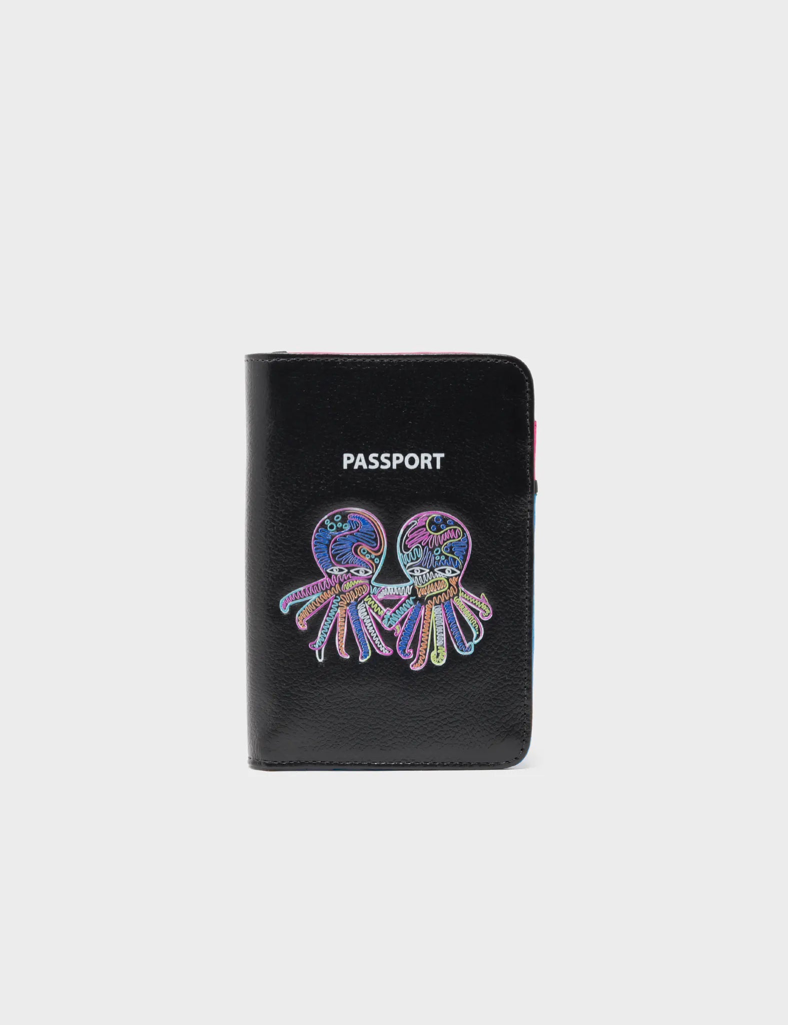 Black Leather Passport Cover Multicolored Octopus Design
