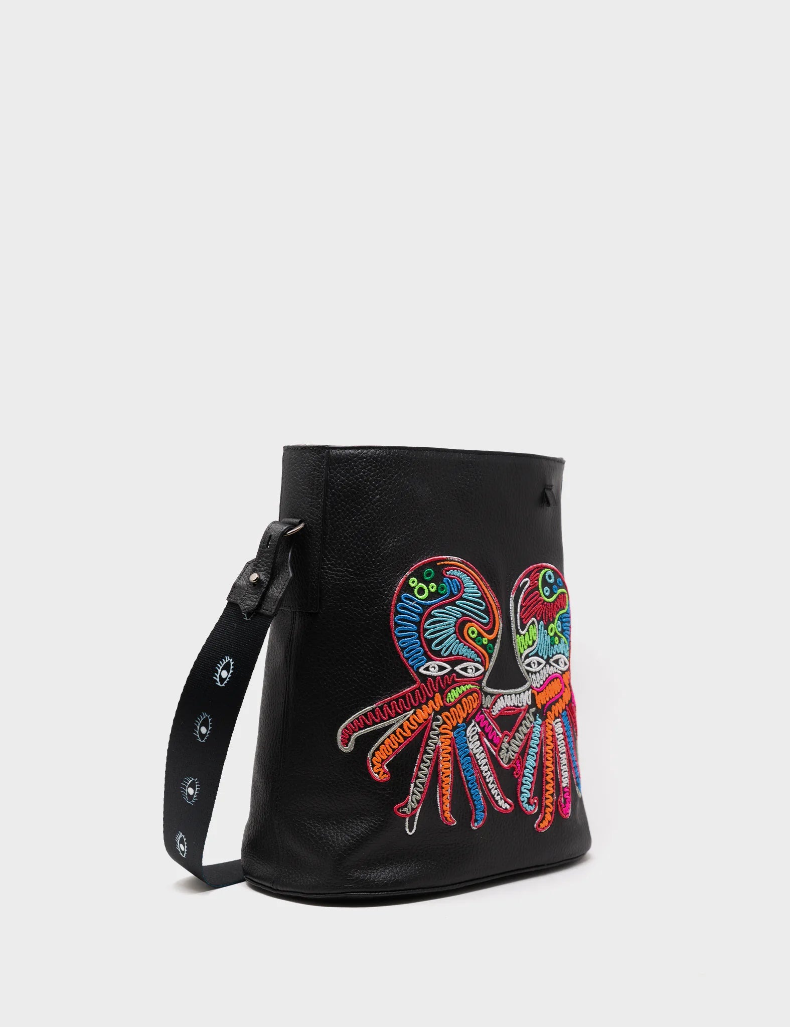 Black Leather bucket Bag Multicolored Octopus Embroidery Design