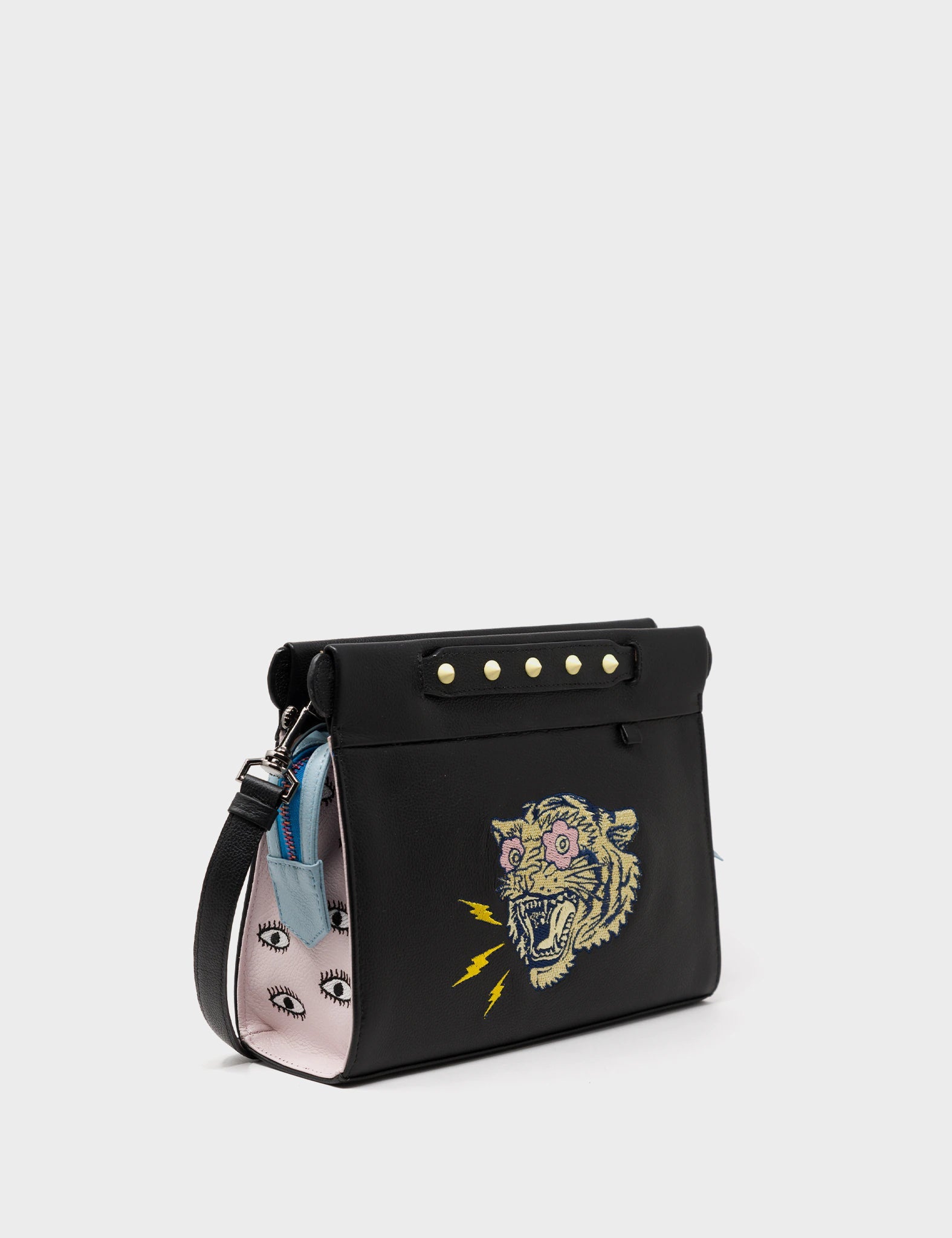 Crossbody Black Leather bag Herocity Tiger Face Comic Style Embroidery