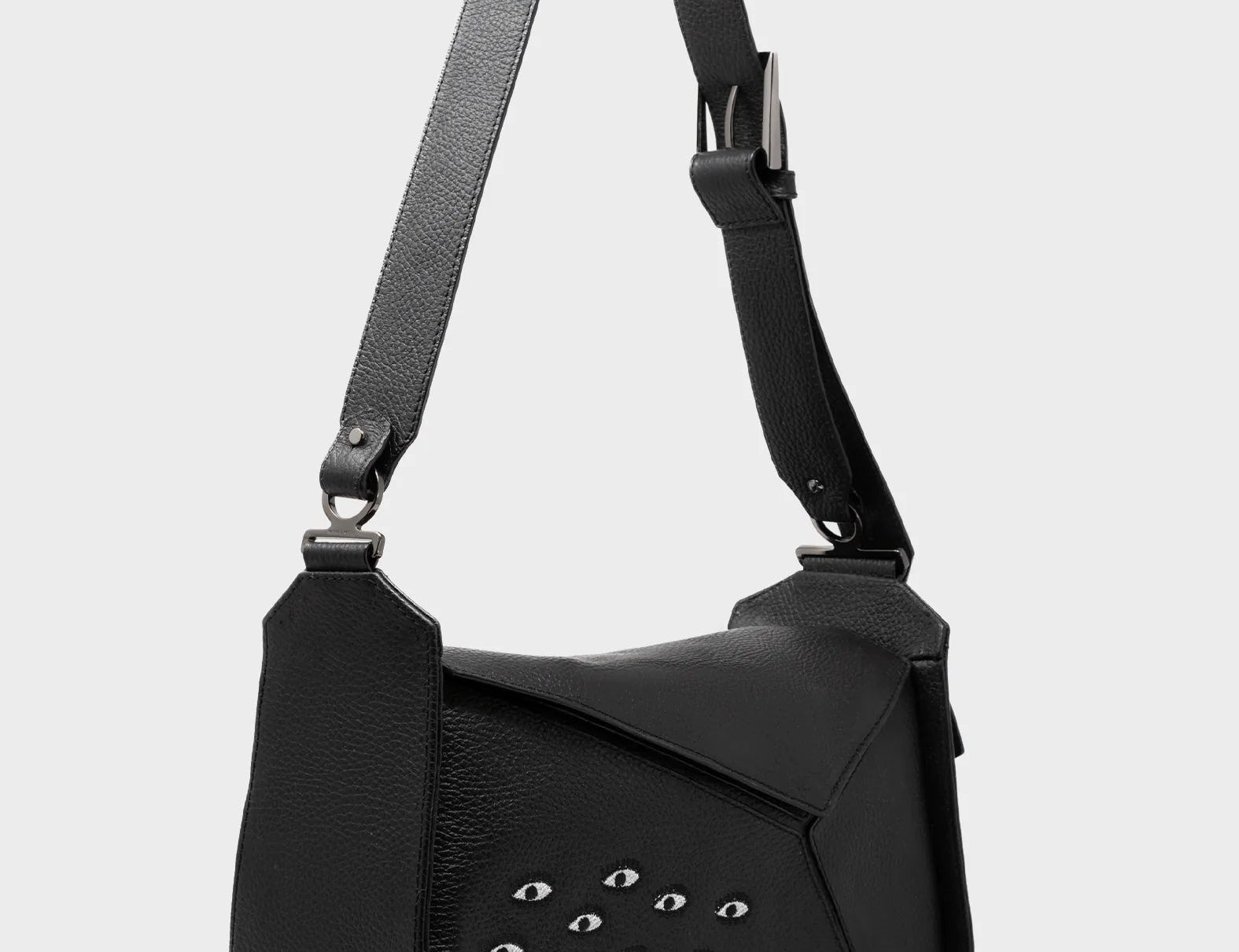 Houston Black Leather Shoulder Bag - Eyes Embroidery