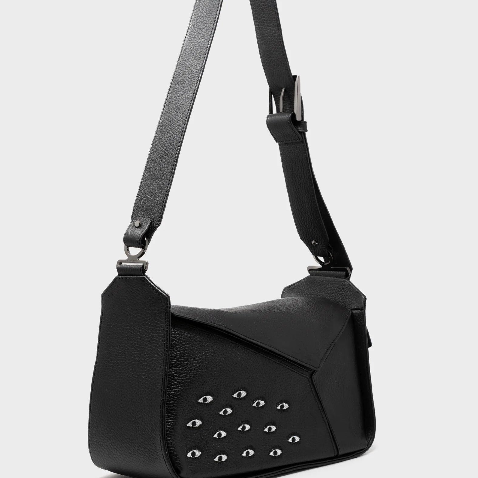 Houston Black Leather Shoulder Bag - Eyes Embroidery
