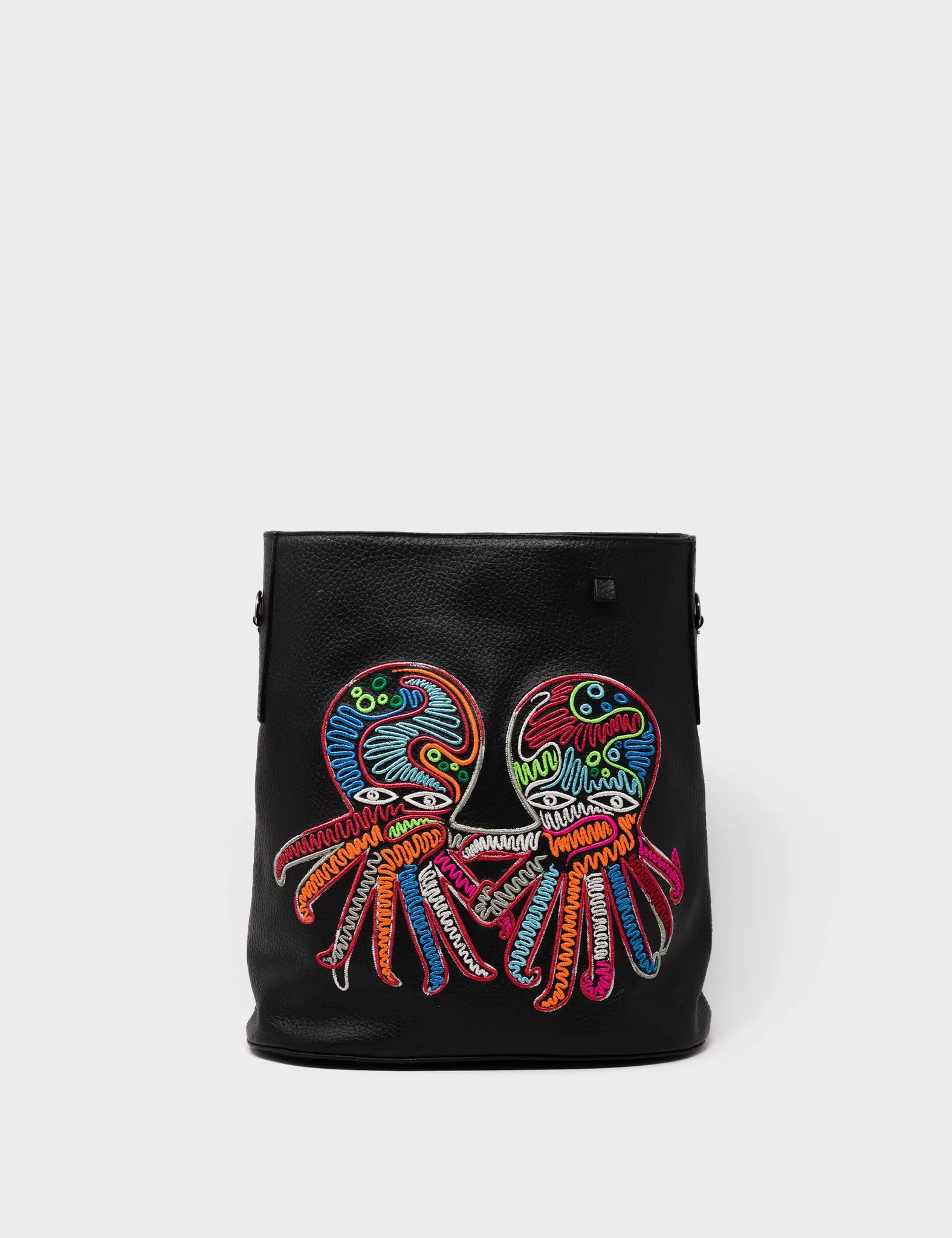 Black Leather bucket Bag Multicolored Octopus Embroidery Design - Front 