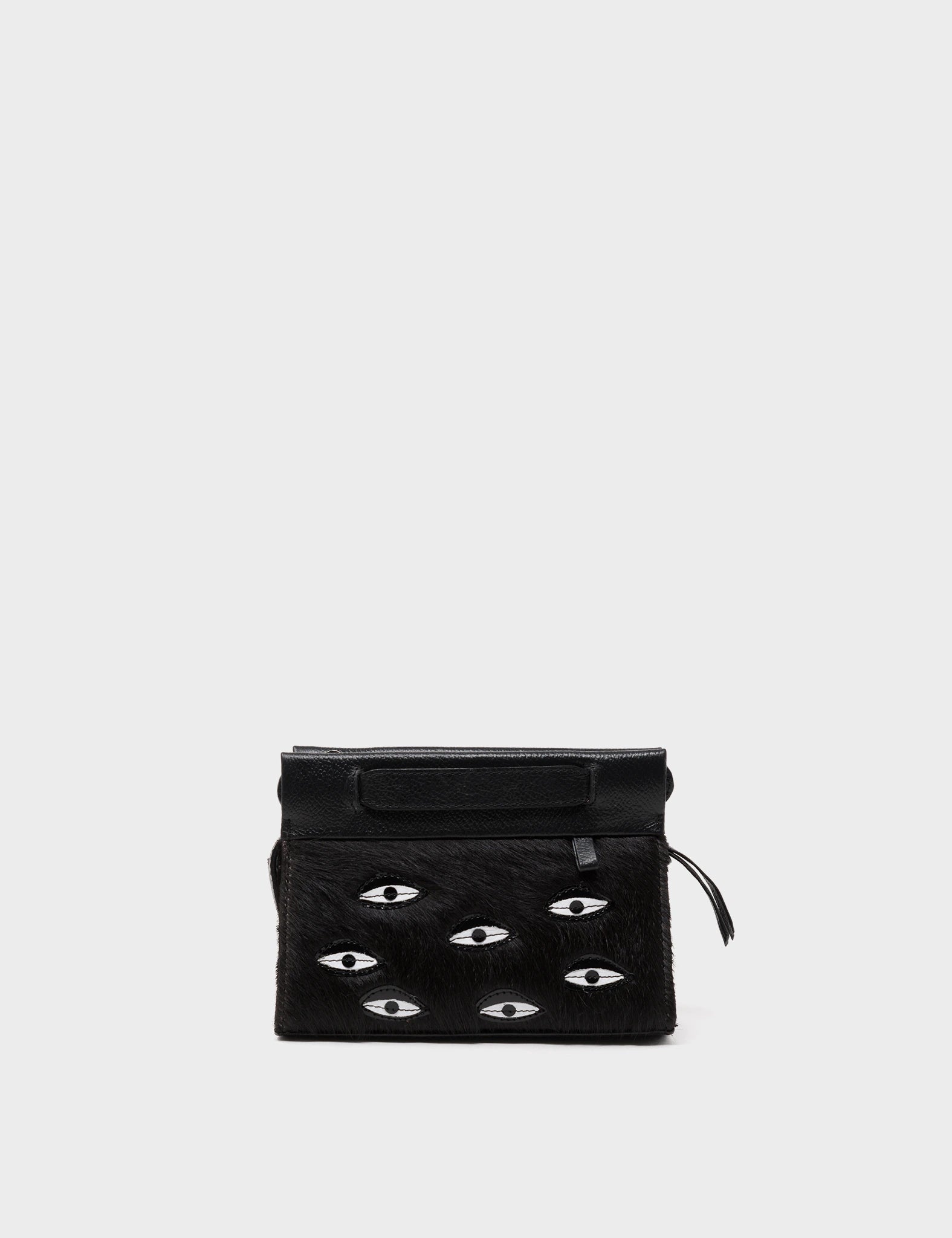 Micro Crossbody Handbag - Black Leather All Over Eyes Applique - Front