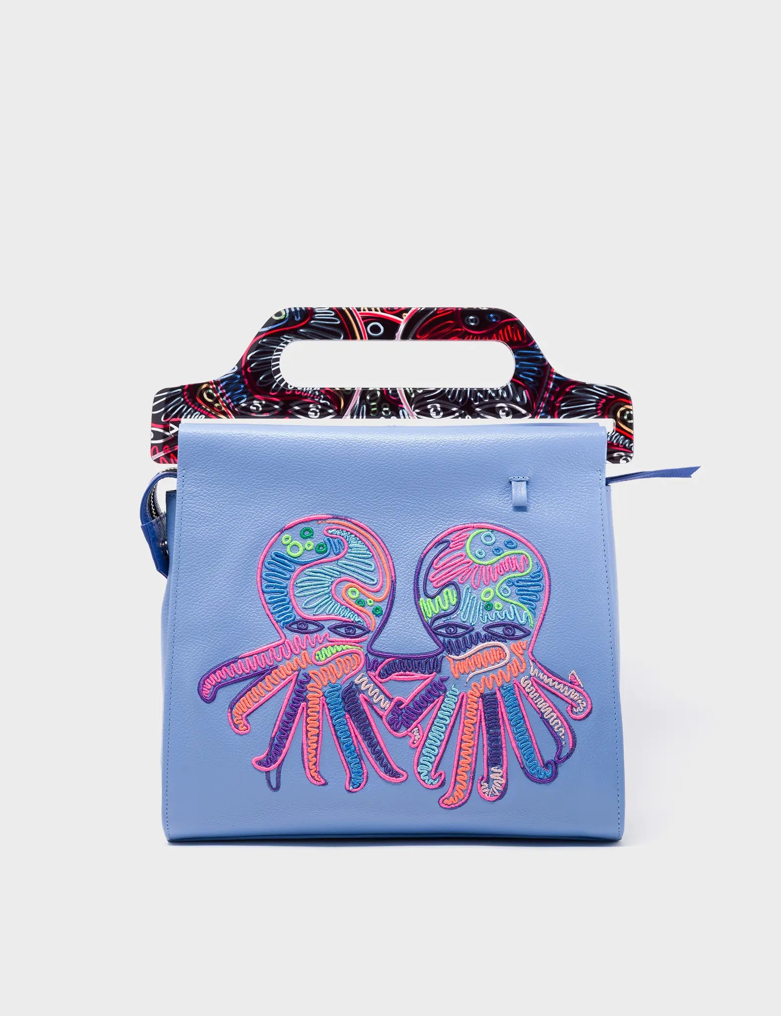 Crossbody Blue Leather Handbag Multicolored Octopus Design - Front 