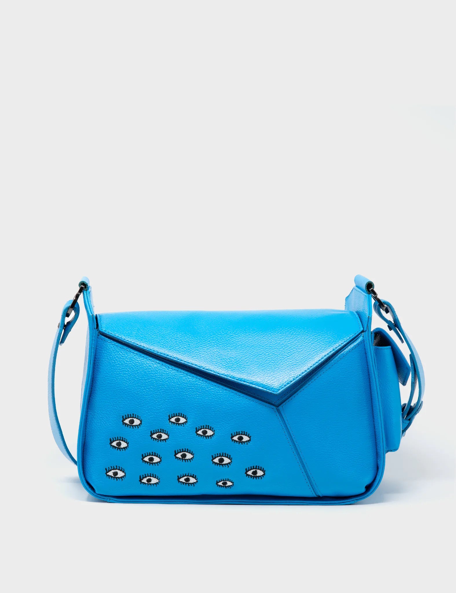 Houston Blue Leather Shoulder Bag - Eyes Embroidery - Front