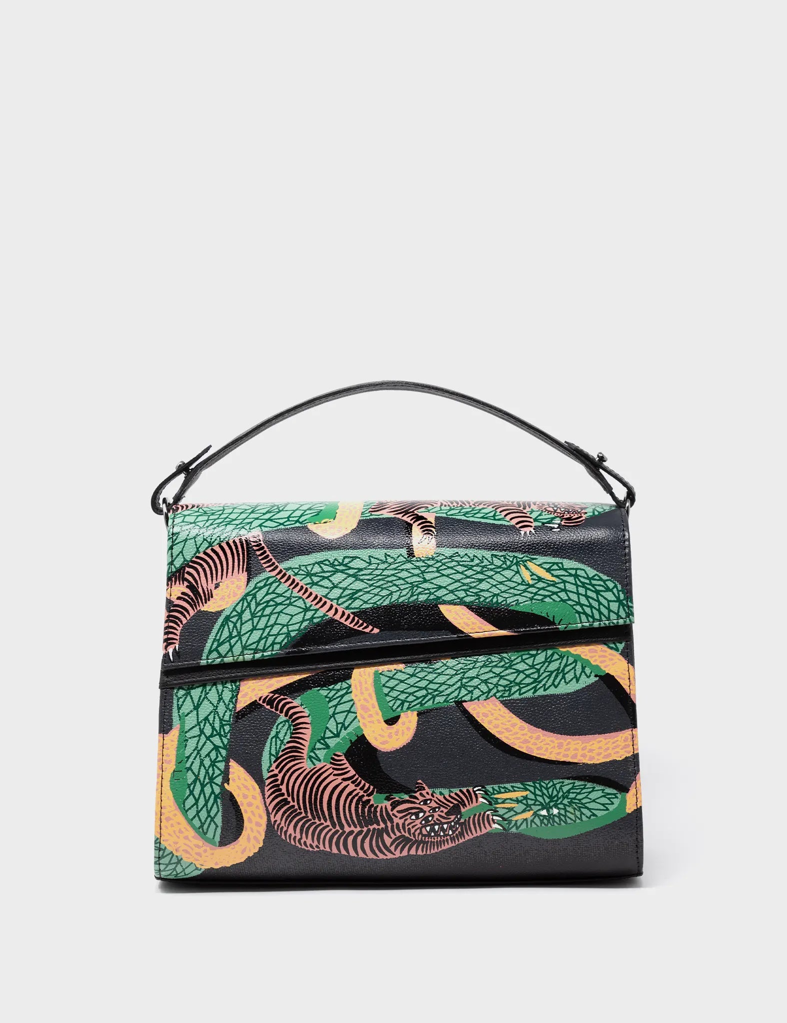 Medium Crossbody Handbag Black Leather - Tiger And Snake Print - Front view