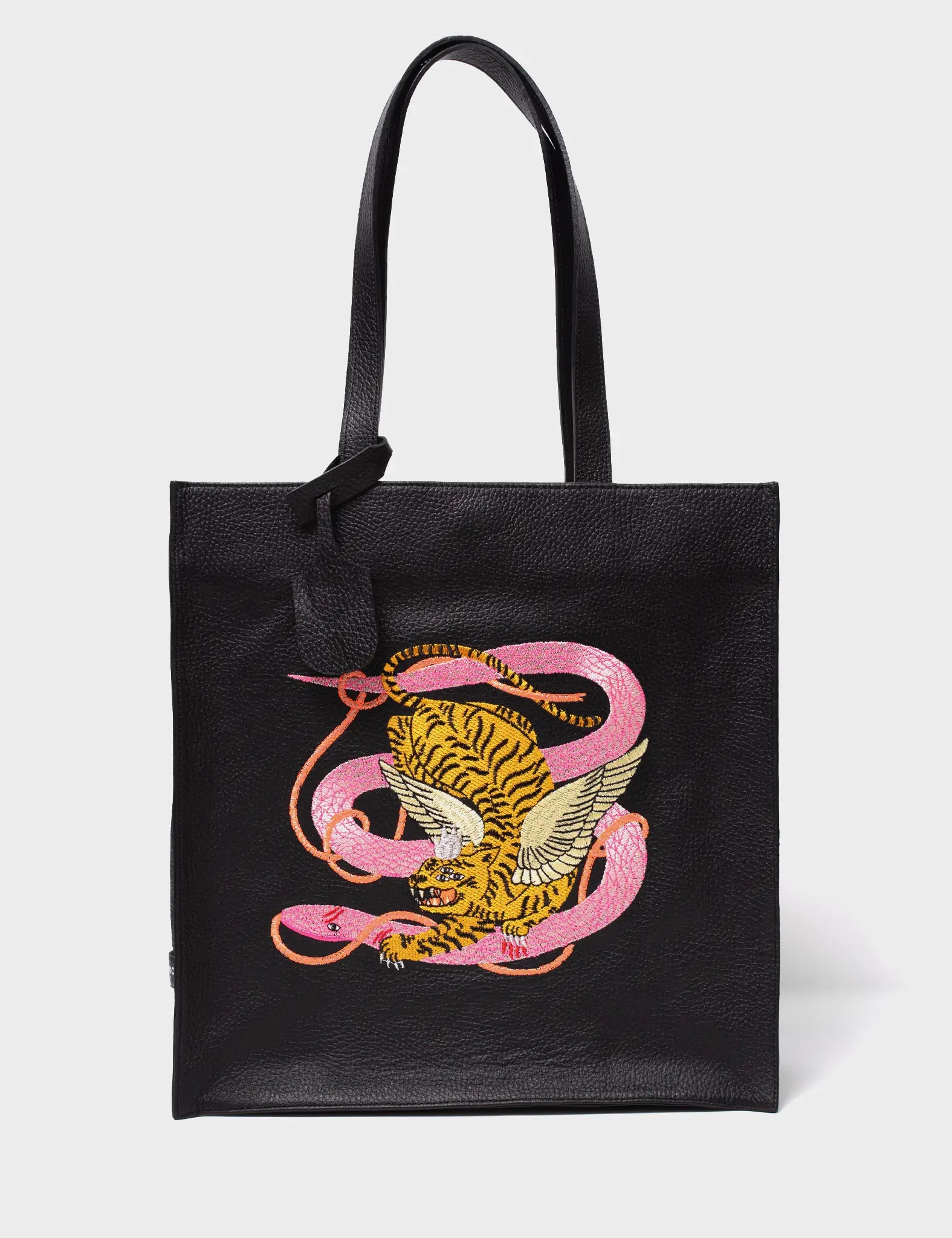 Black Leather Tote Bag - Tangled Tiger & Snake Print Original Design - Front