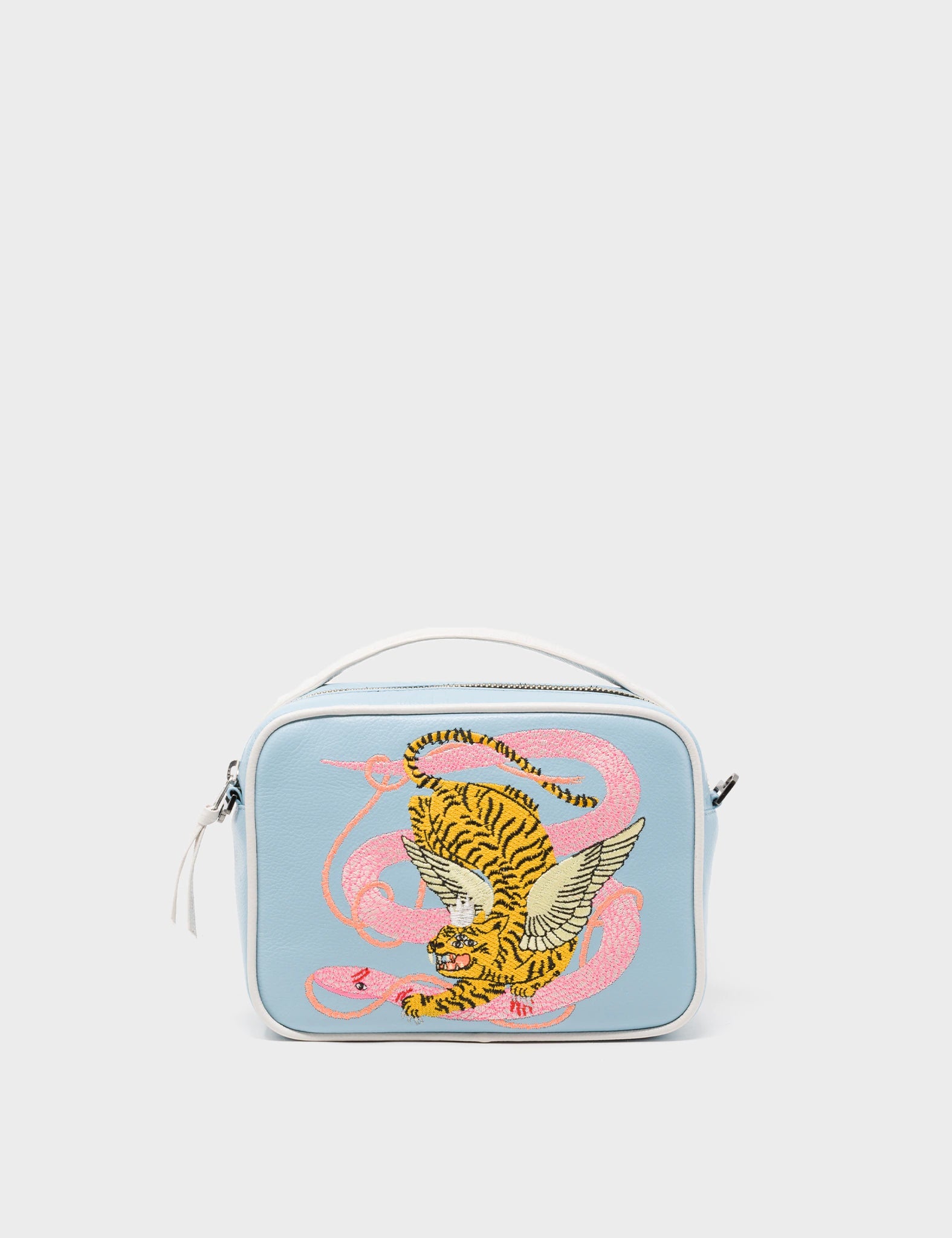 Stratosphere Blue Leather Crossbody Handbag - Tiger and Snake Embroidery - Front
