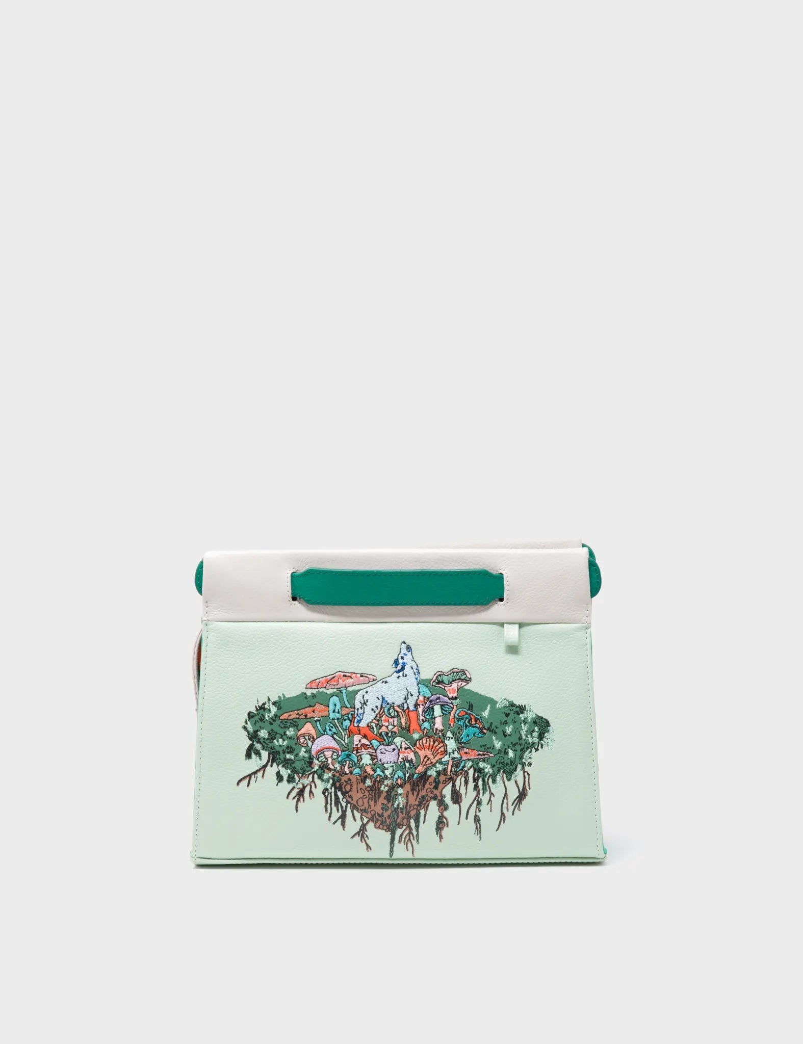 Crossbody Spray Green Leather Bag - Wolf and Fungi Embroidery - Front 