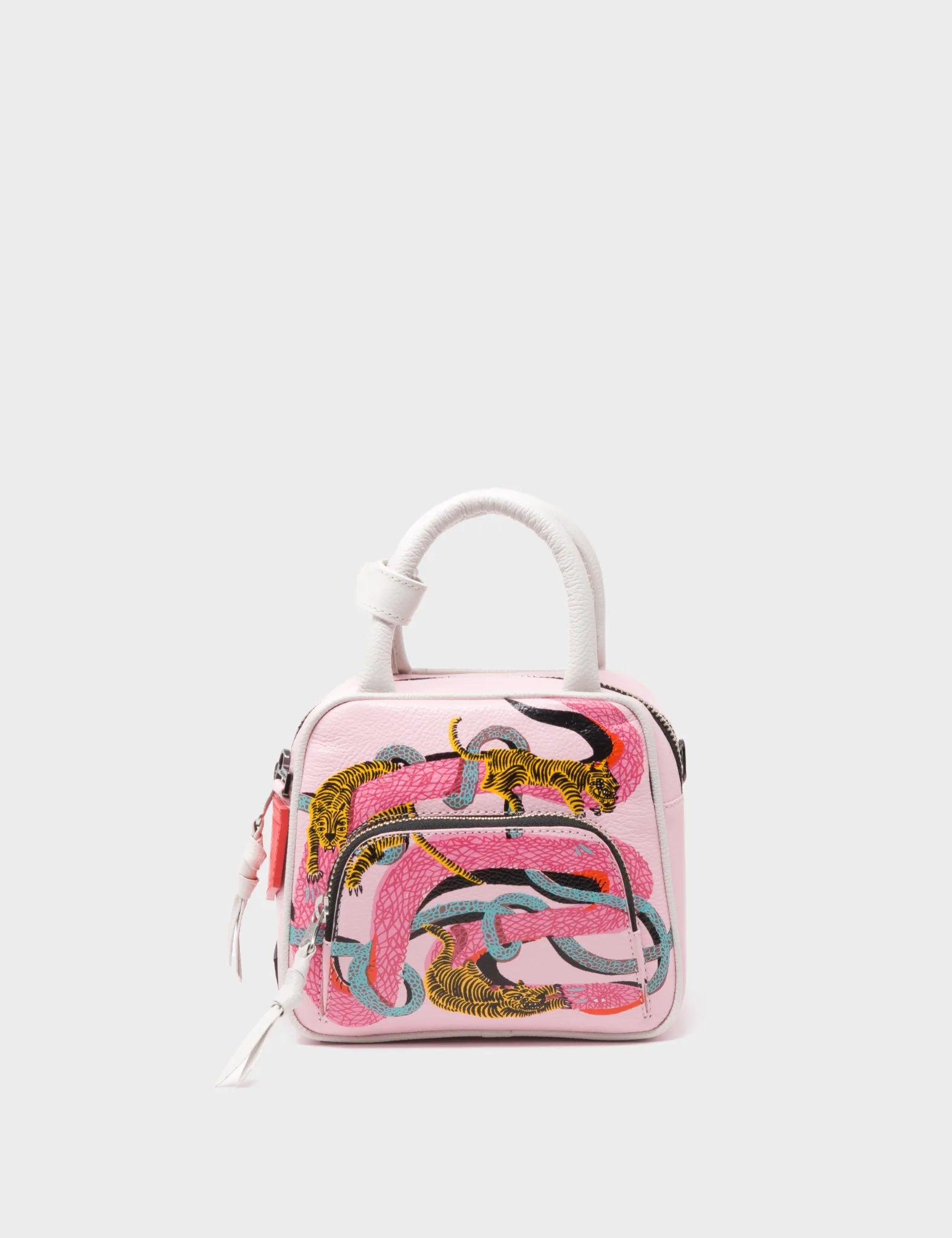 Small Crossbody Parfait Pink Leather Bag - Tangled Tiger & Snake Print Design - Front