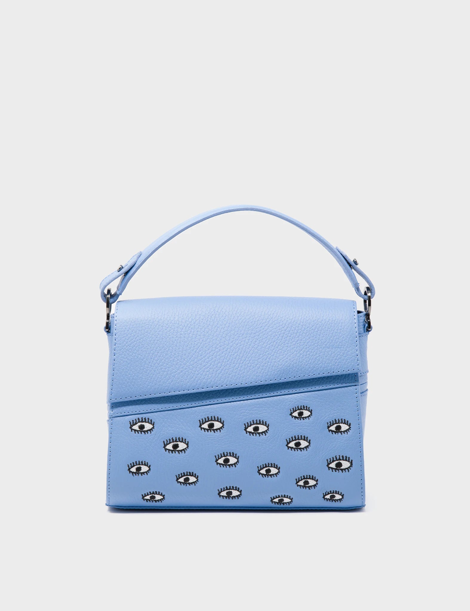 Mini Crossbody Handbag Vista Blue Leather - Eyes Embroidery - Front 