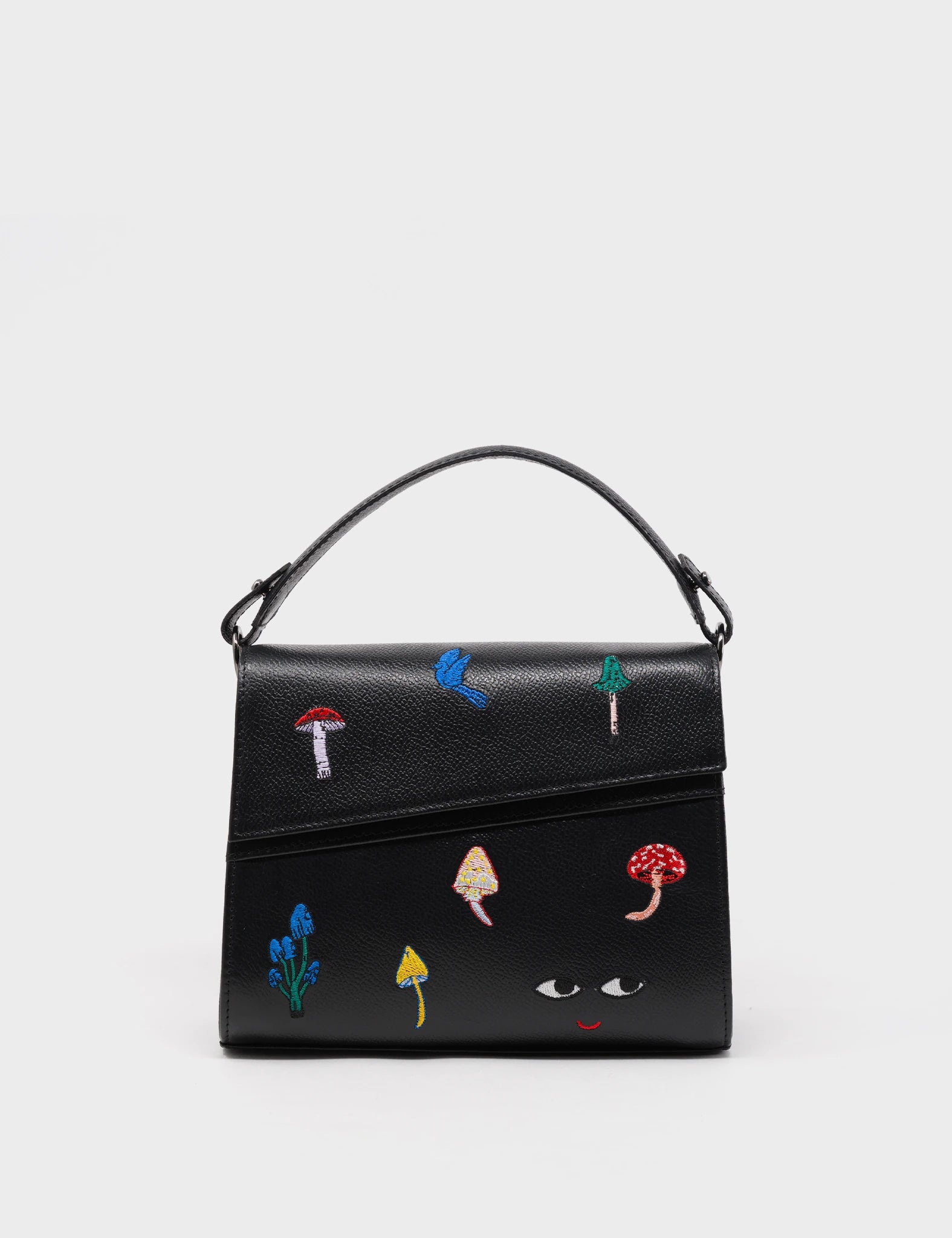 Anastasio Mini Crossbody Handbag Black Leather - Woodlands Embroidery - Front