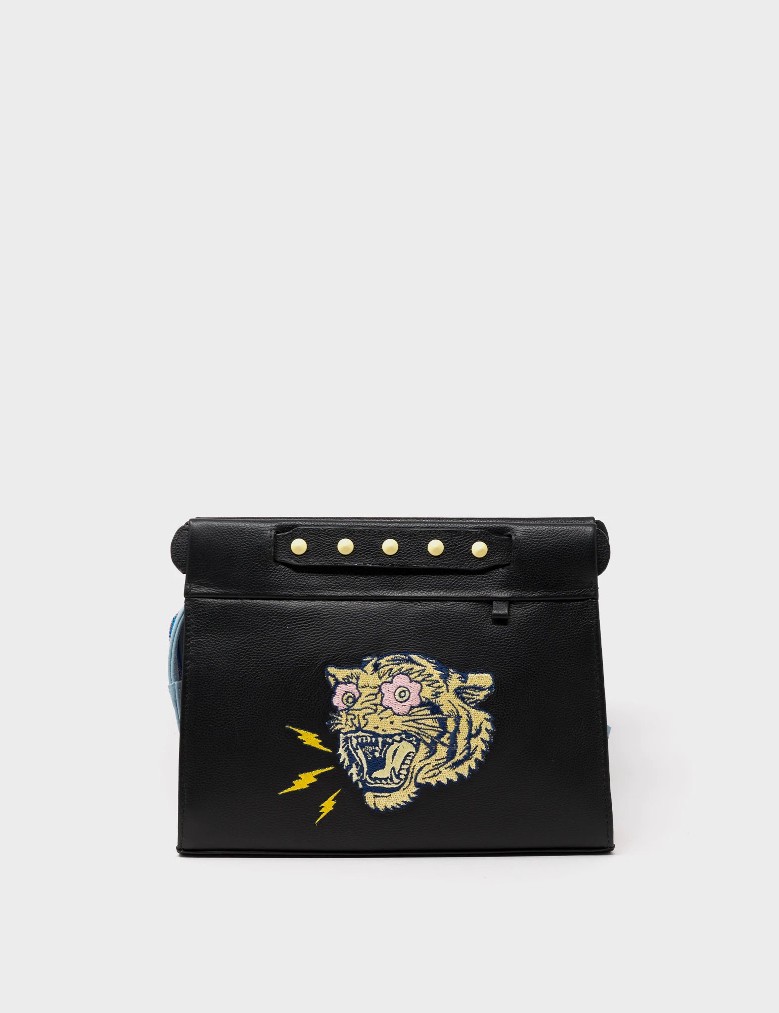 Crossbody Black Leather bag Herocity Tiger Face Comic Style Embroidery - front view
