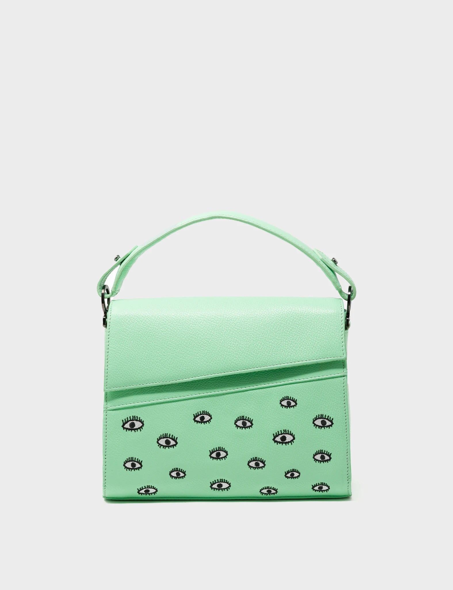 Mini Crossbody Handbag Ash Green Leather Eyes Embroidery  - Front
