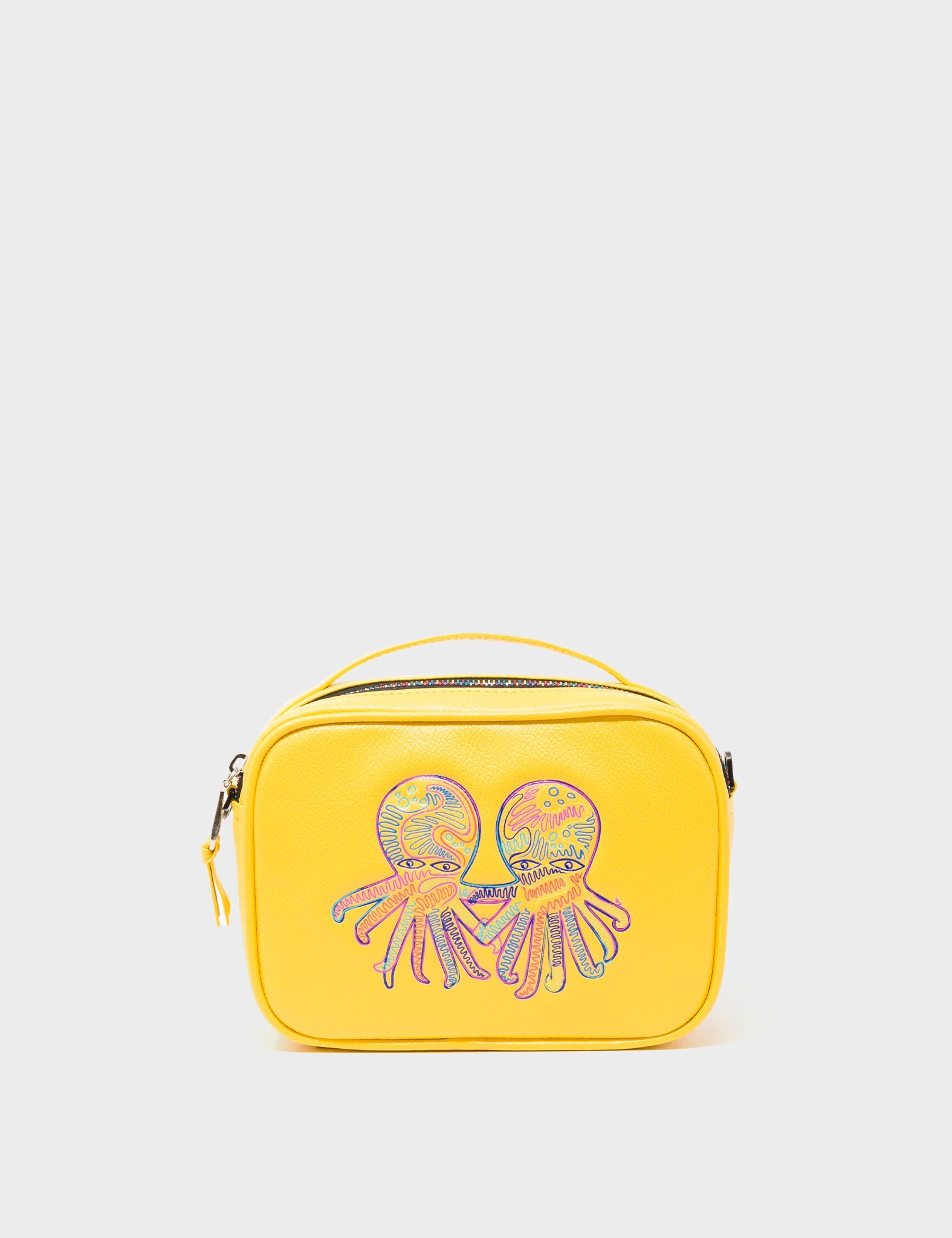 Yellow Leather Crossbody Handbag Colorful Octopus Design - Front