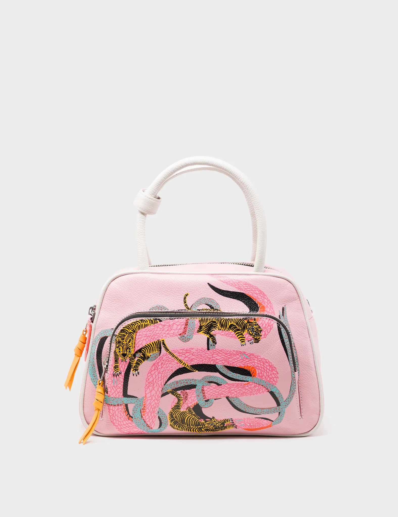 Medium Crossbody Blush Pink Leather Bag - Tiger And Snake Print - Front