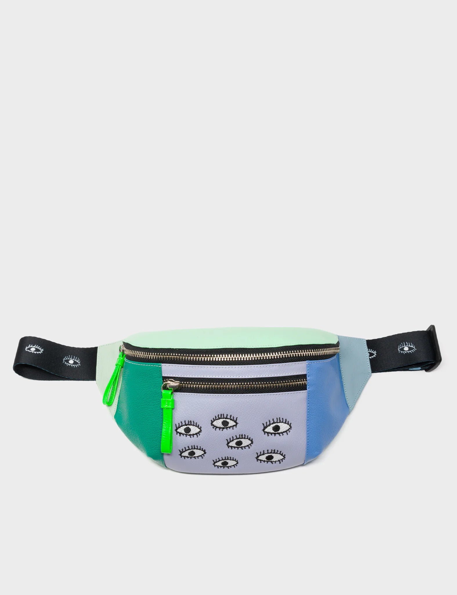 Harold Fanny Pack Green and Blue Leather - Eyes Embroidery - front
