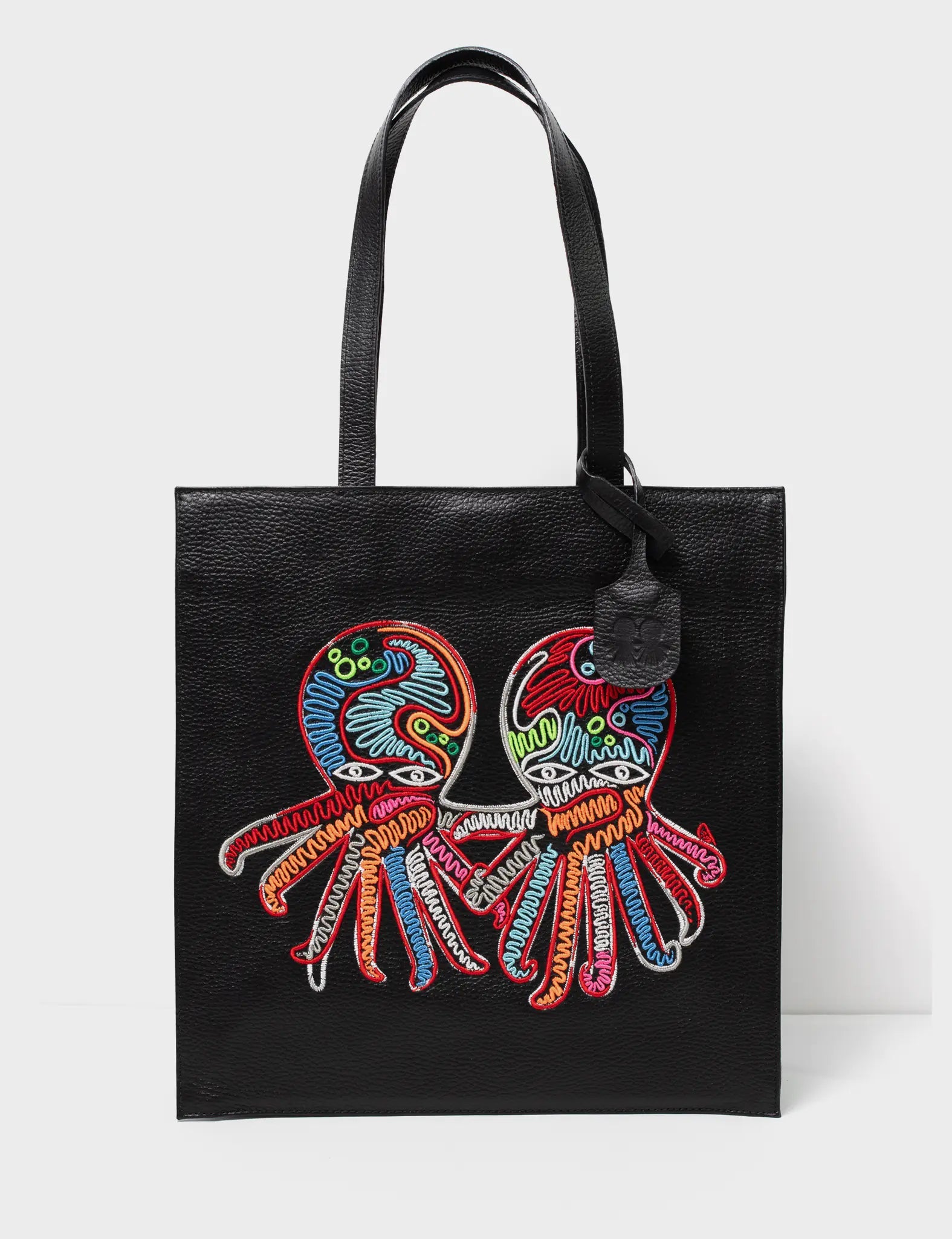 Black Leather Tote Bag - Multicolored Octopus Cord Embroidery - Front