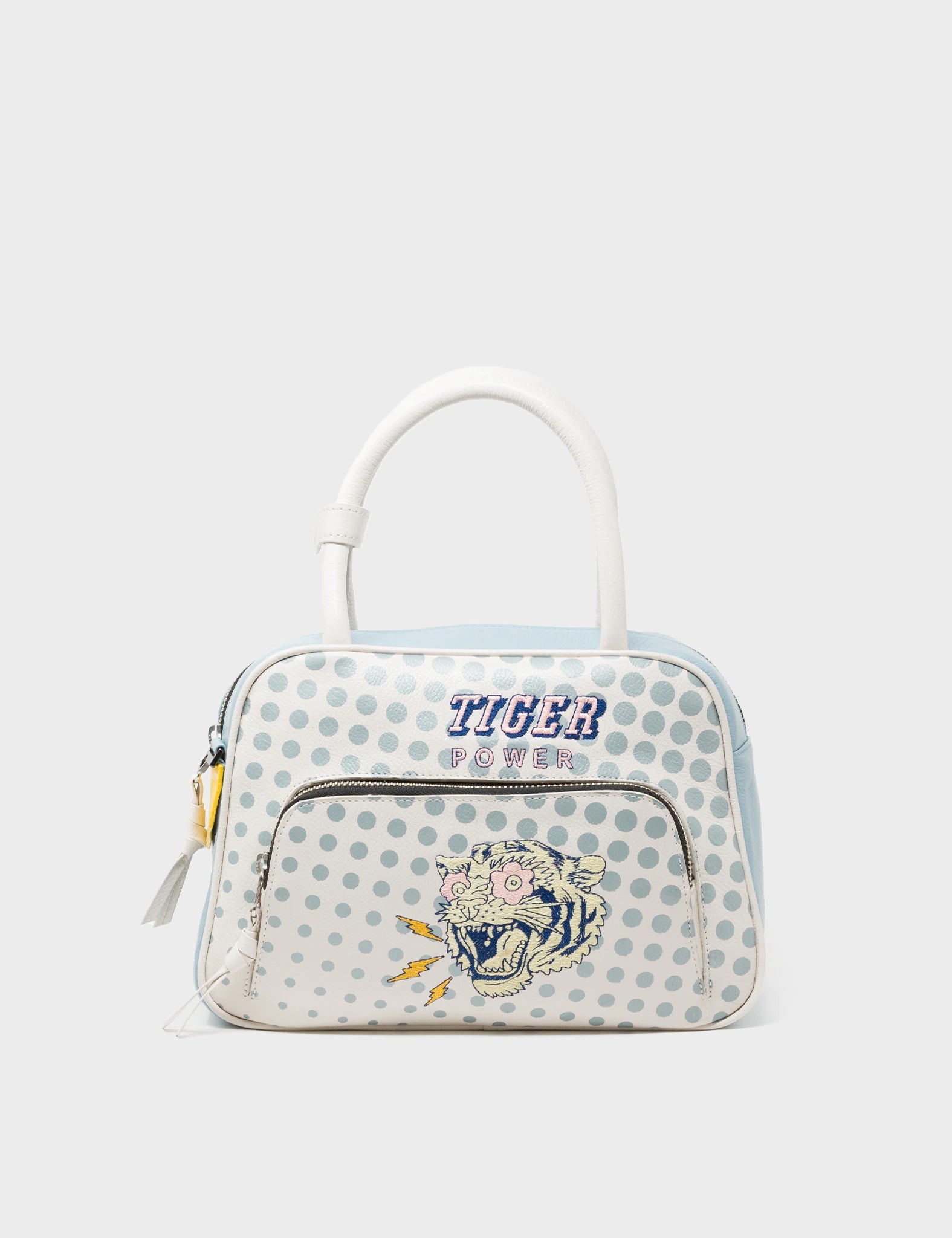 Cream Crossbody Leather Bag - Comic Tiger Power Embroidery Polkadot print - Front