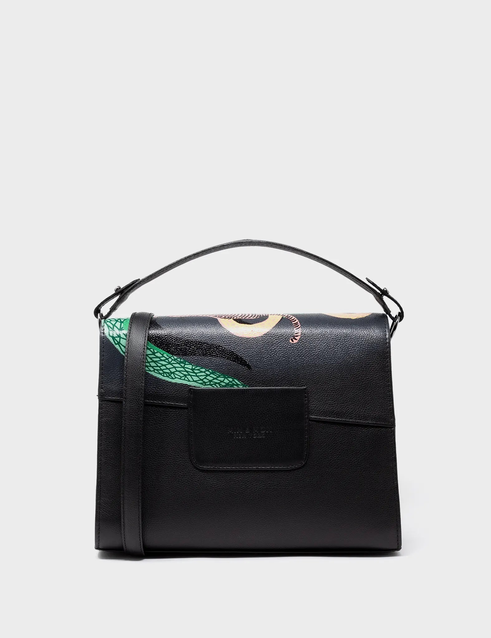 Medium Crossbody Handbag Black Leather - Tiger And Snake Print - Back view