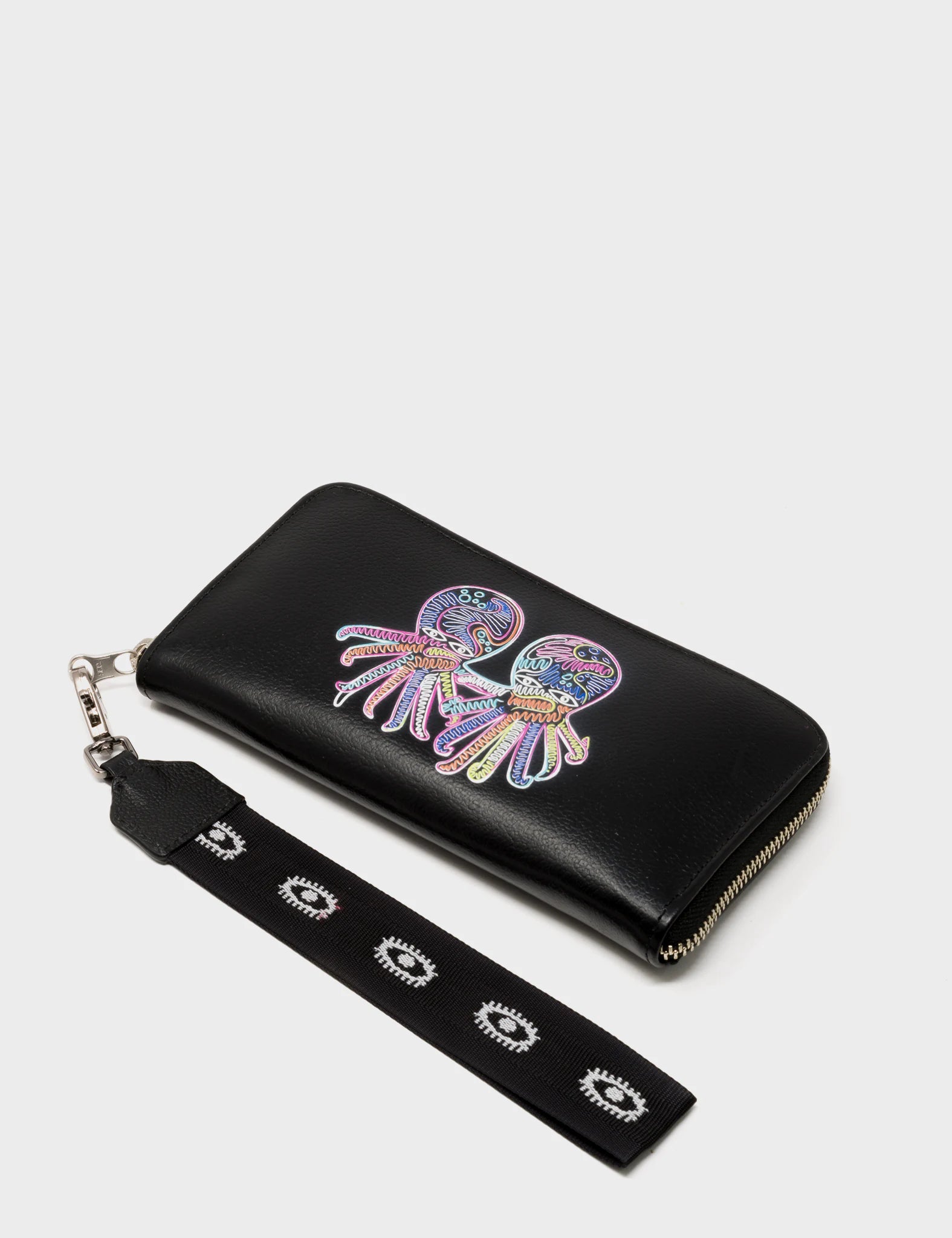 Zip-around Wallet Clutch Black Leather Multicolored Octopus - Top view 