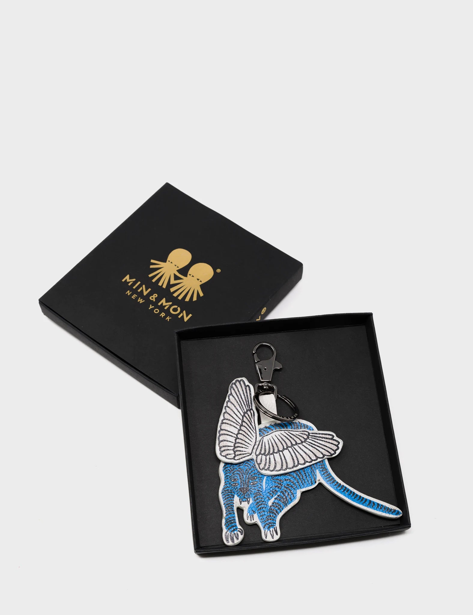 Winged Tiger Leather Keychain - Blue Leather - Box