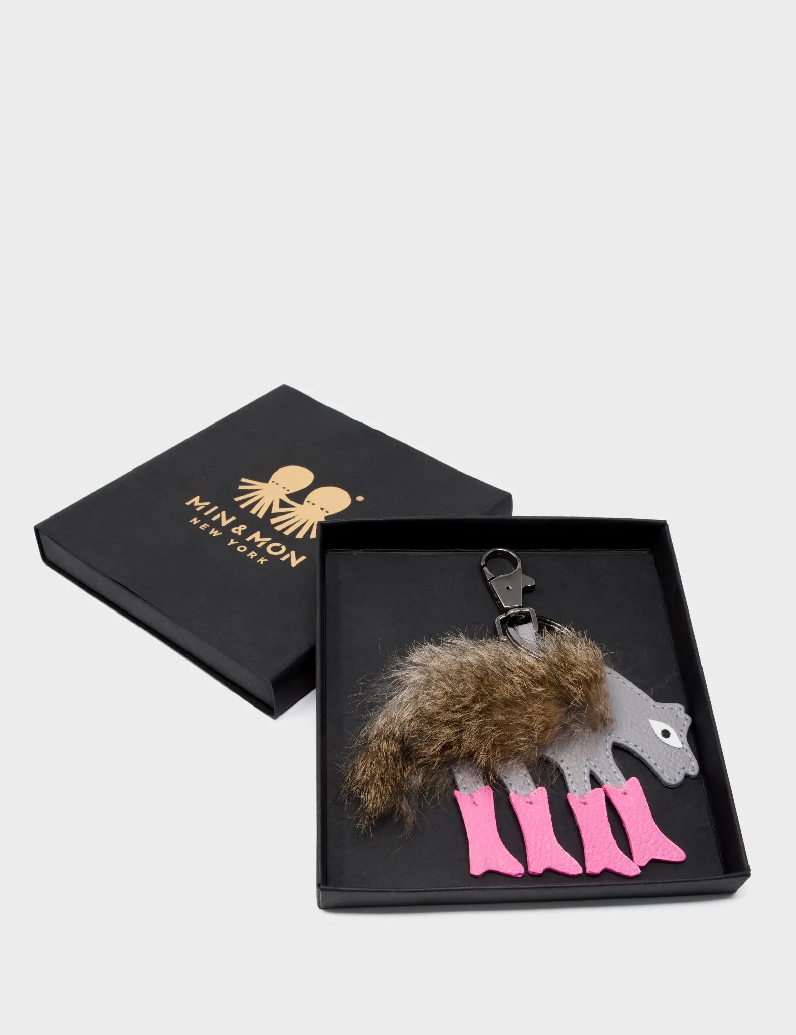 Wolf In Heels Charm - Brown Fur and Pink Leather Keychain - Package