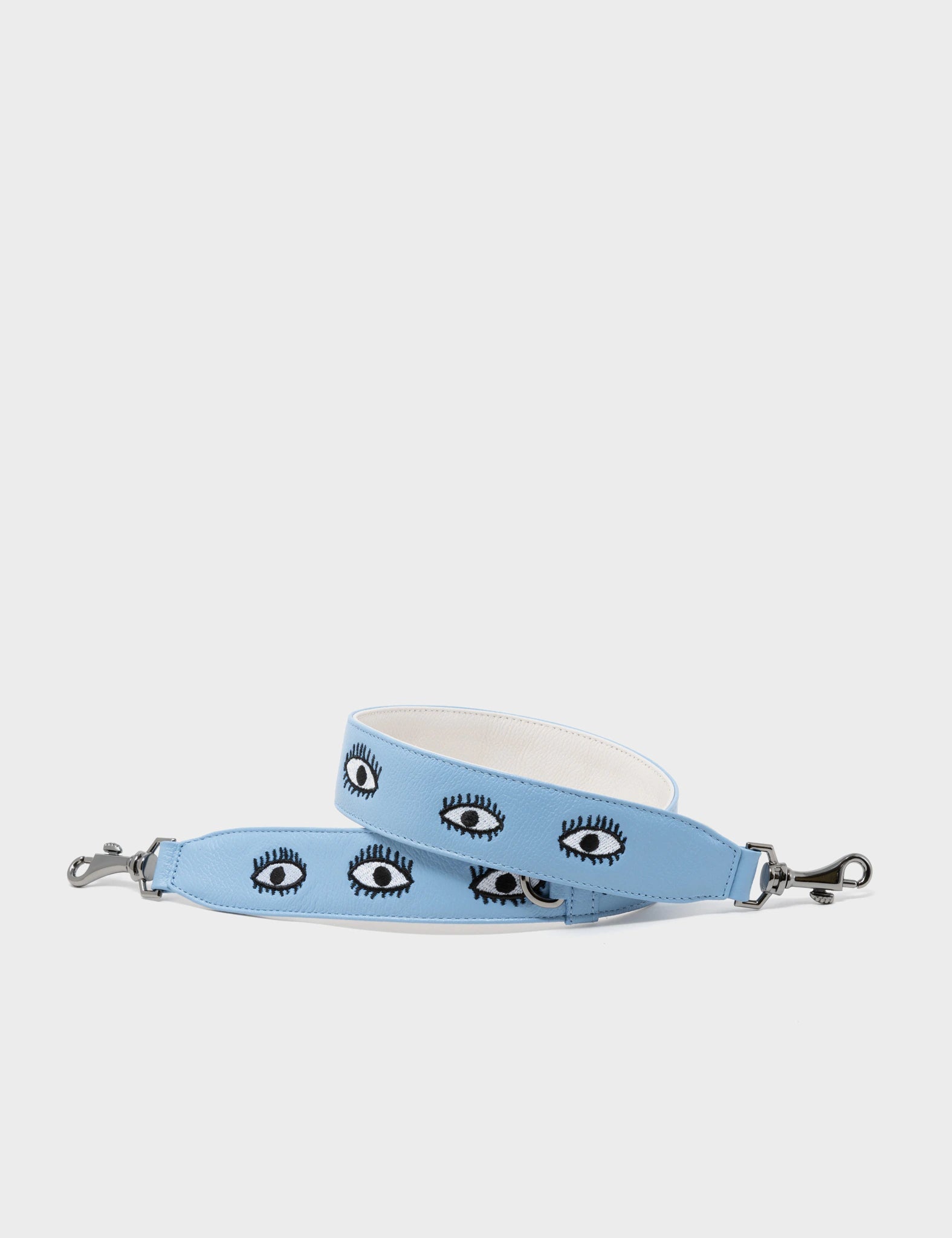 Detachable Short Sky Blue Leather Strap | Eyes Embroidery Design - Hardware