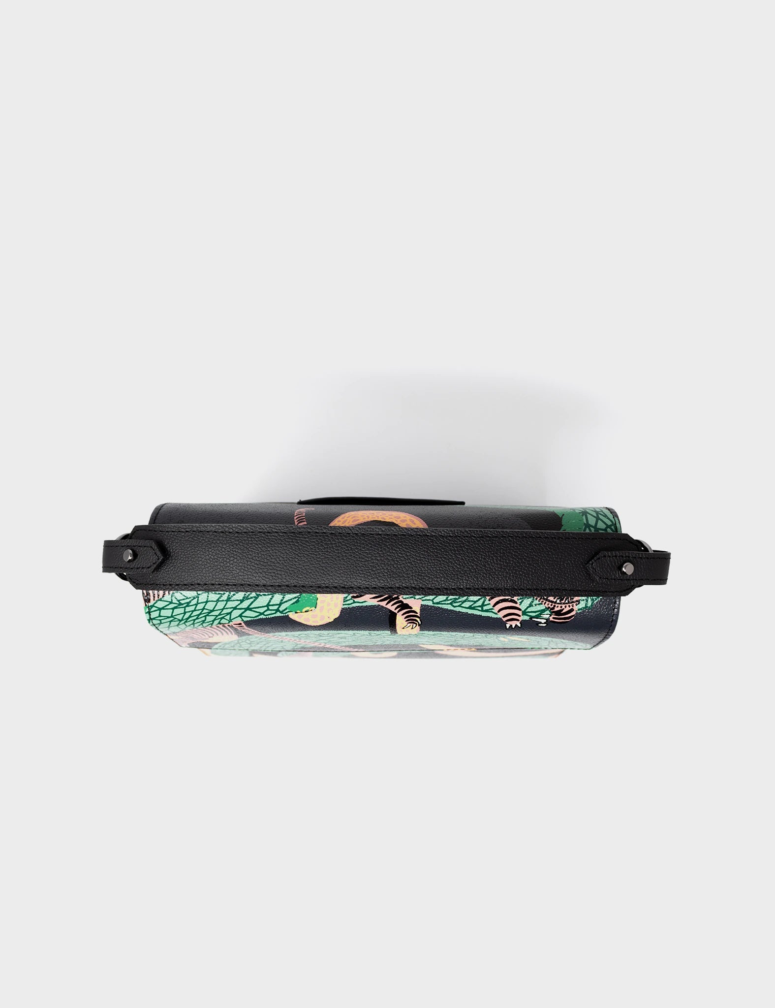 Medium Crossbody Handbag Black Leather - Tiger And Snake Print - Top view