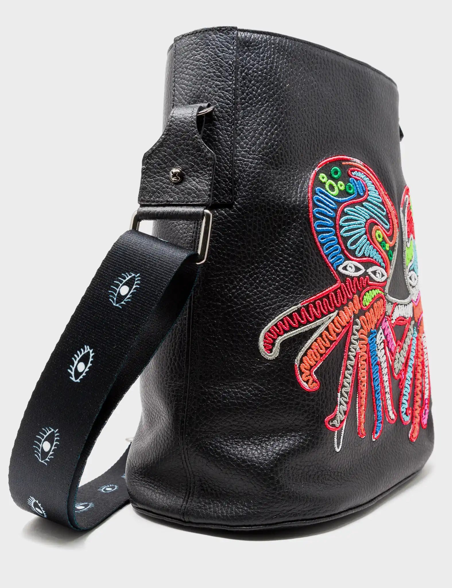 Black Leather bucket Bag Multicolored Octopus Embroidery Design