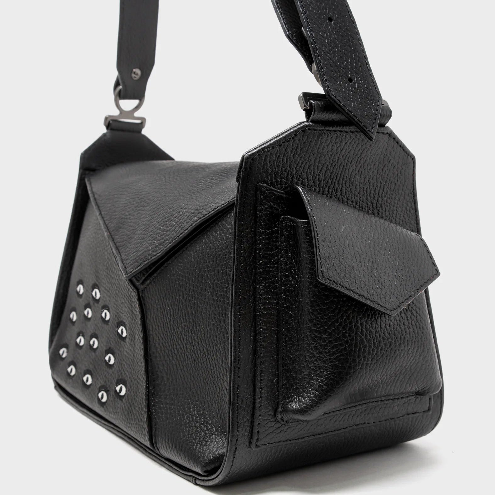 Houston Black Leather Shoulder Bag - Eyes Embroidery - Right side