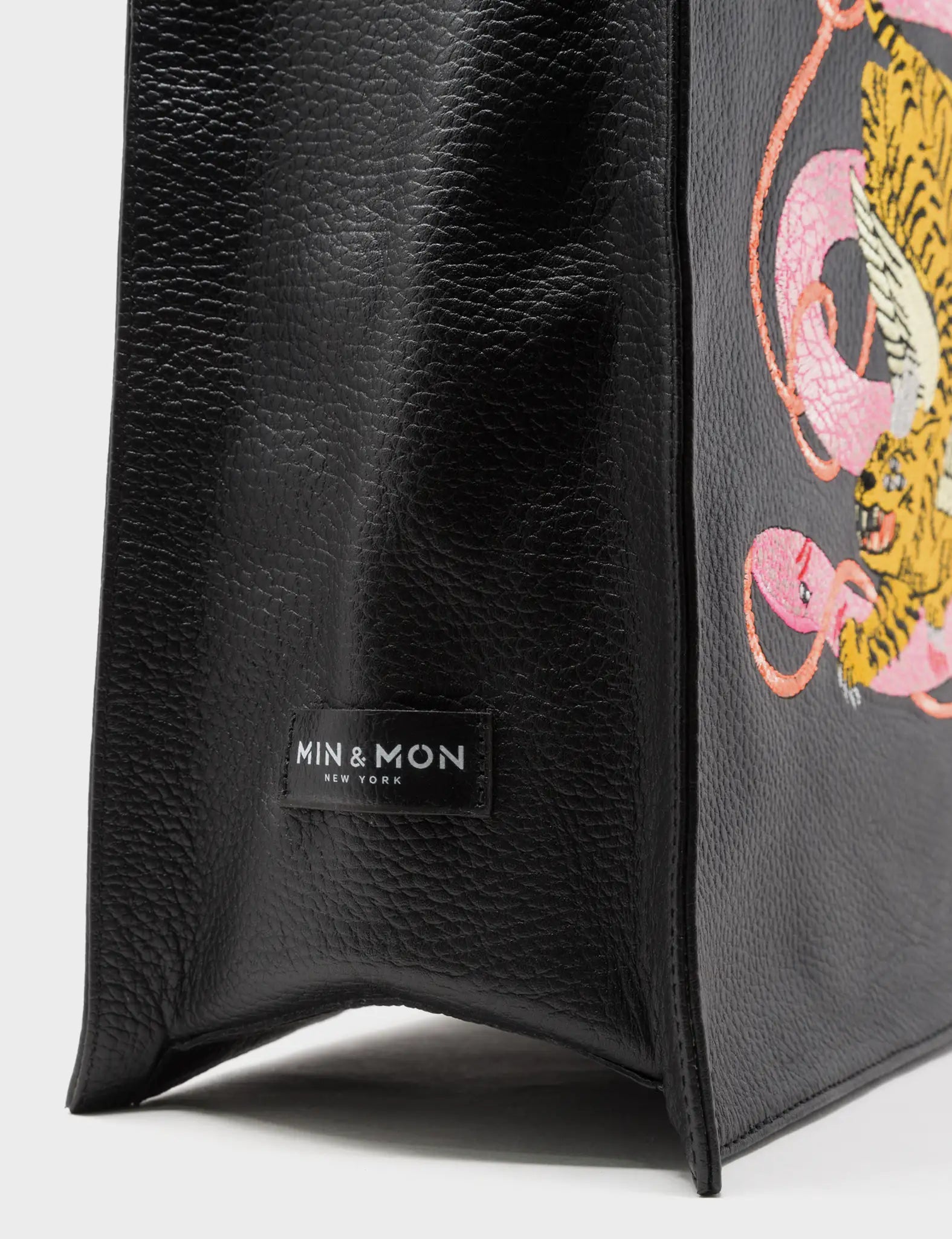 Black Leather Tote Bag - Tangled Tiger & Snake Print Original Design - Side
