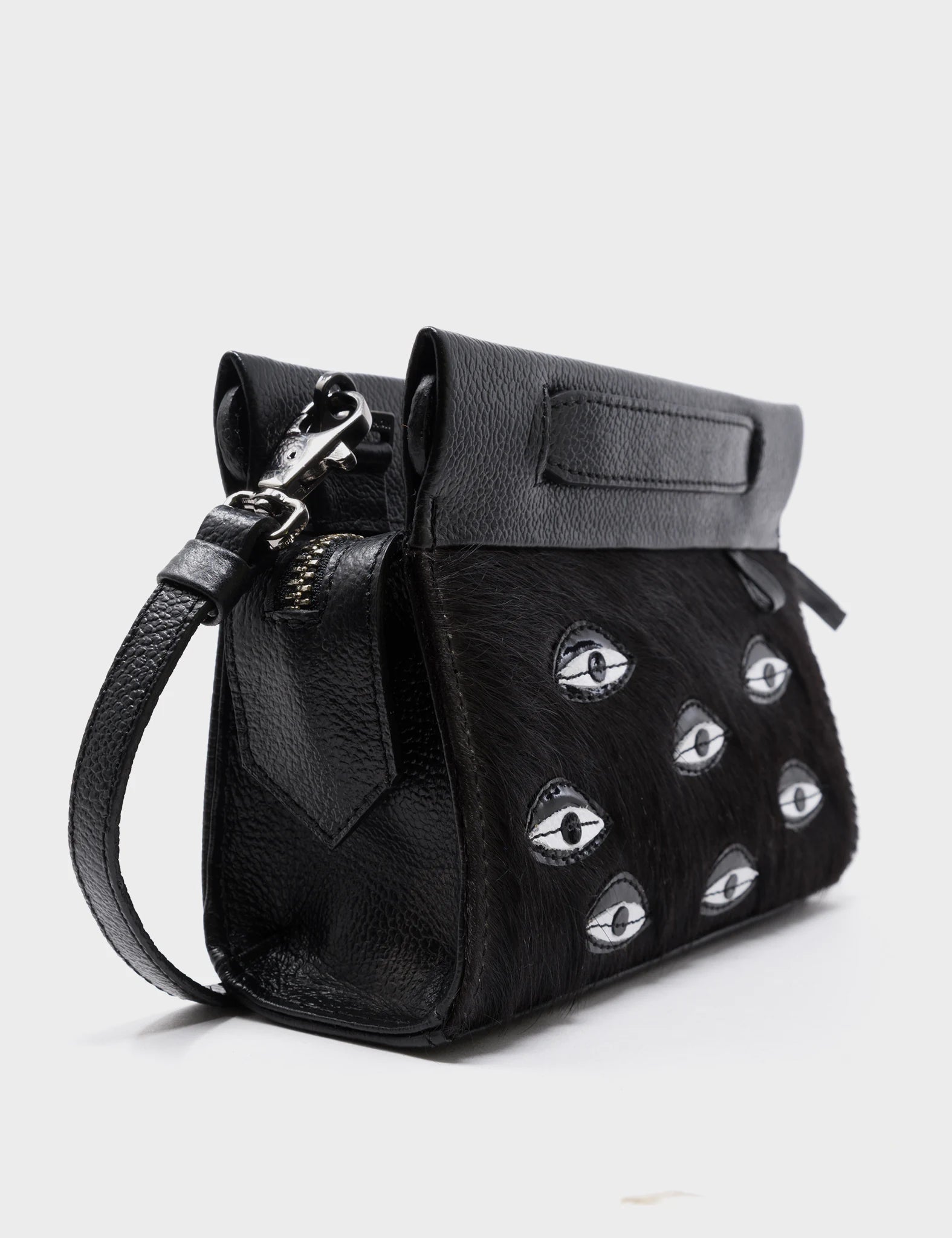 Micro Crossbody Handbag - Black Leather All Over Eyes Applique - Side 