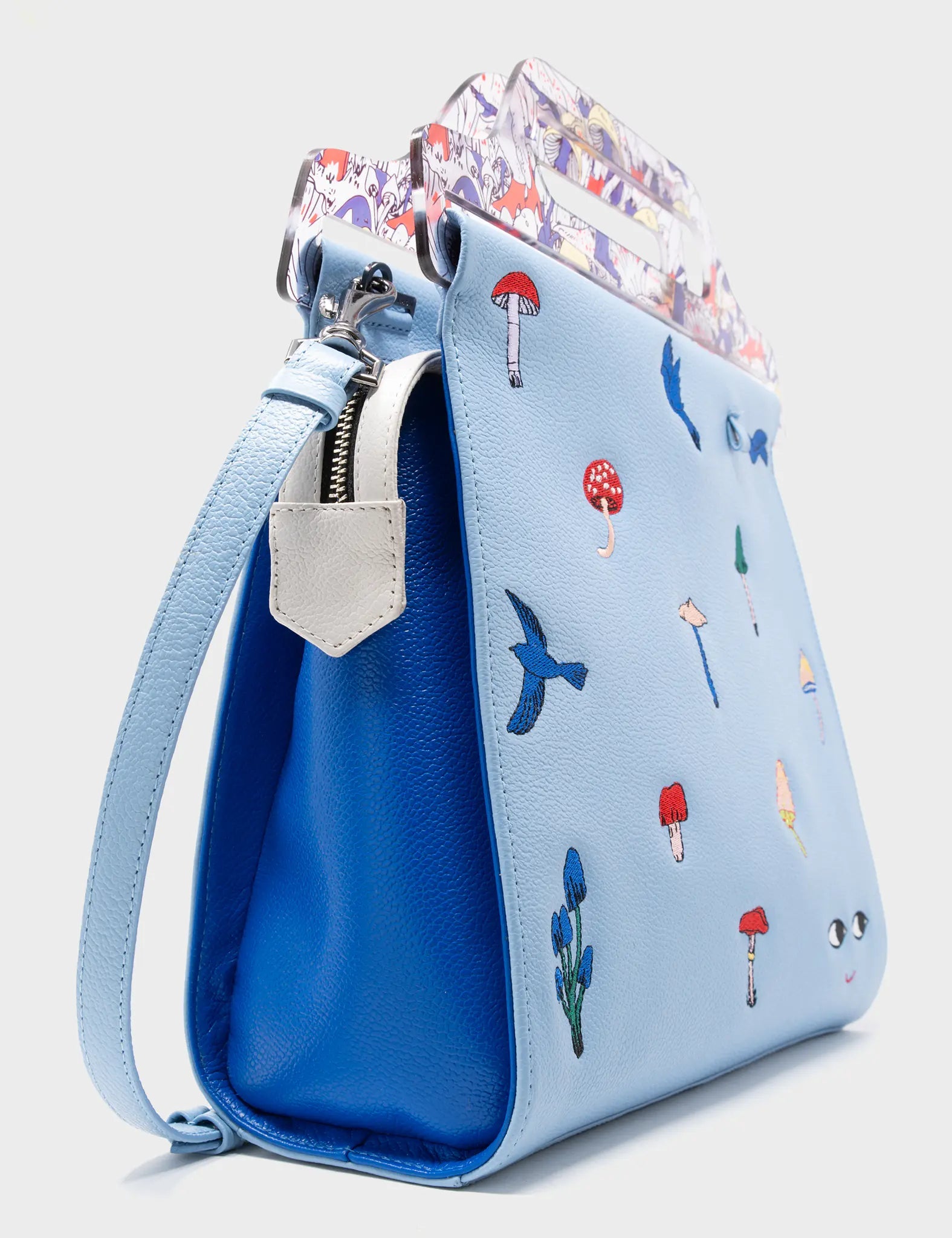 Manuel Sky Blue Leather Crossbody Handbag - Woodlands Embroidery - Side 