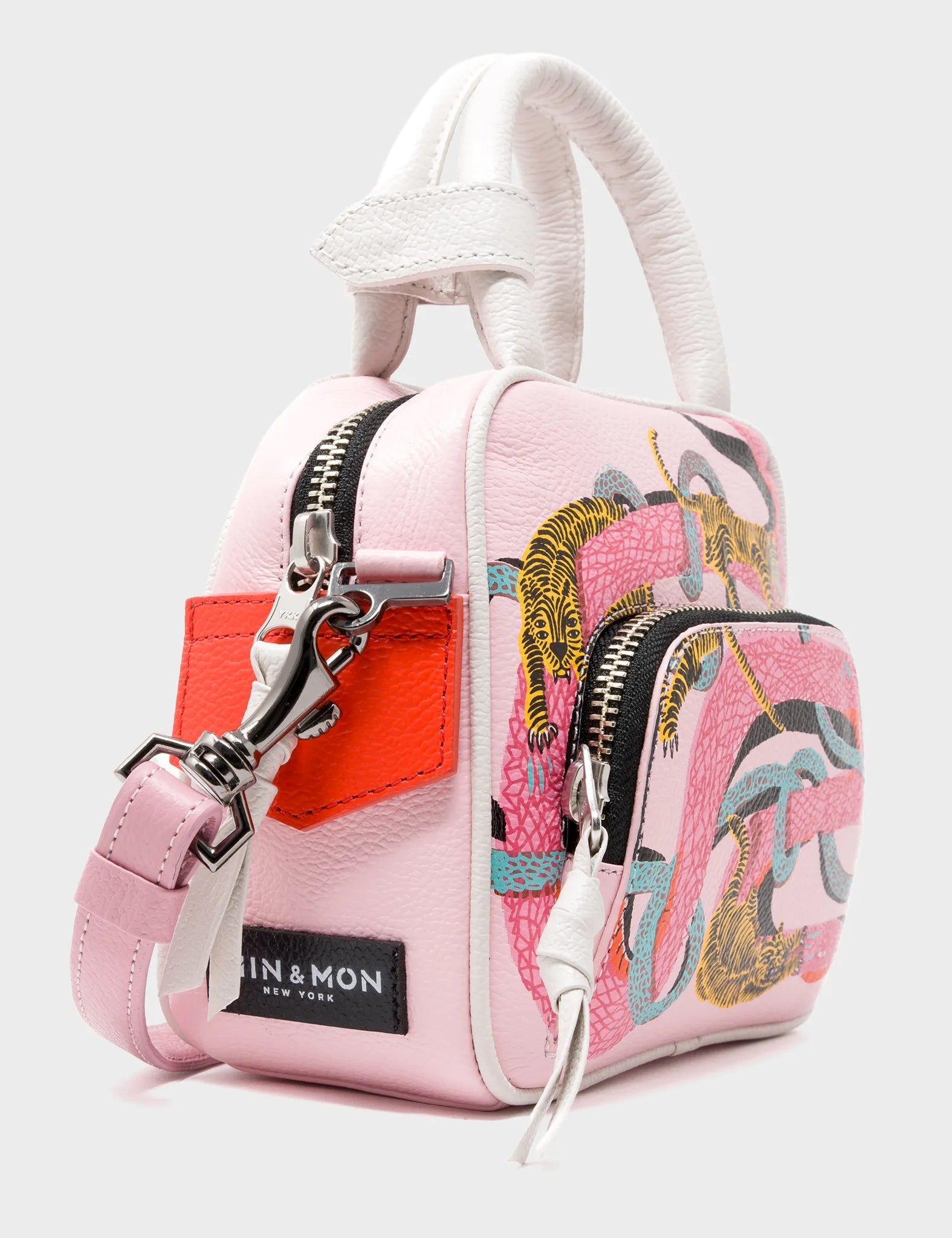 Small Crossbody Parfait Pink Leather Bag - Tangled Tiger & Snake Print Design - Side