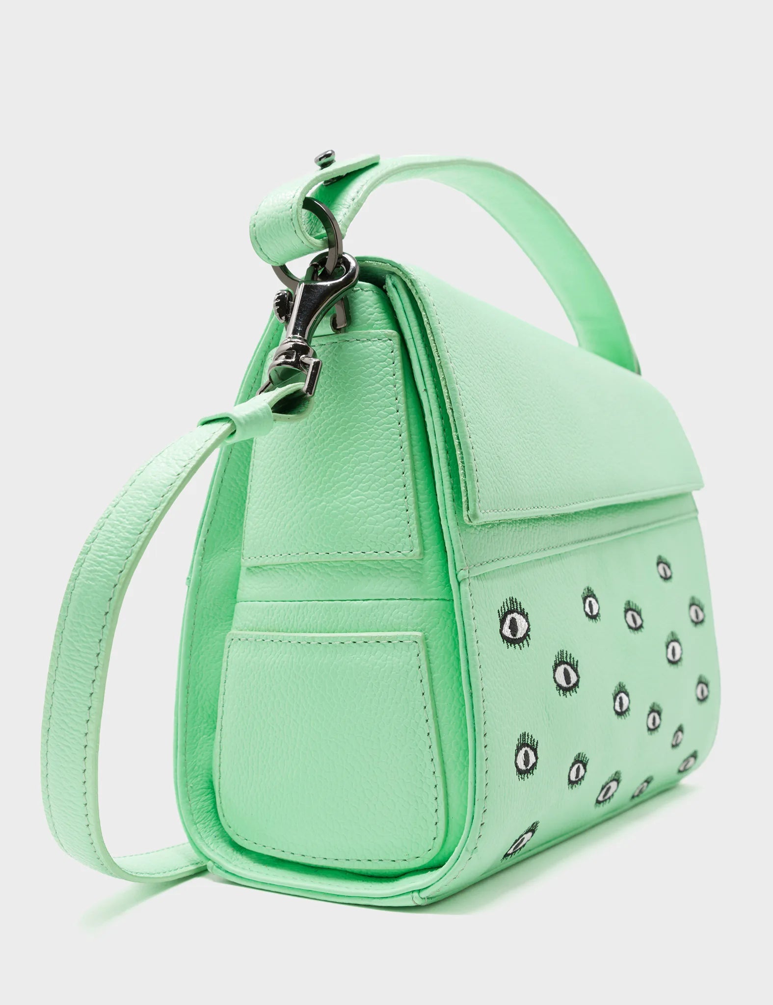 Mini Crossbody Handbag Ash Green Leather Eyes Embroidery  - Side