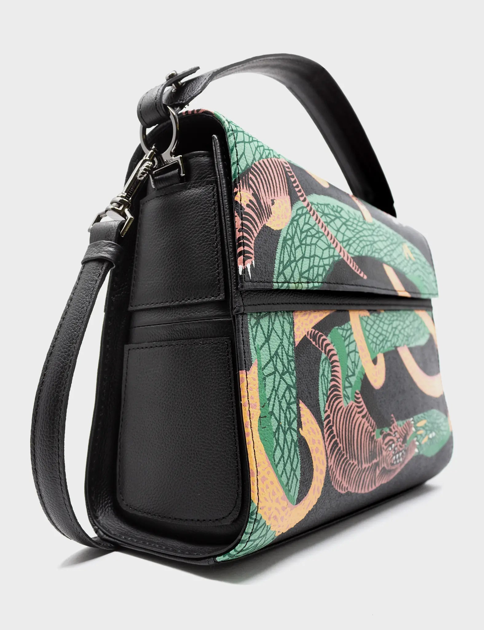 Medium Crossbody Handbag Black Leather - Tiger And Snake Print - Side view